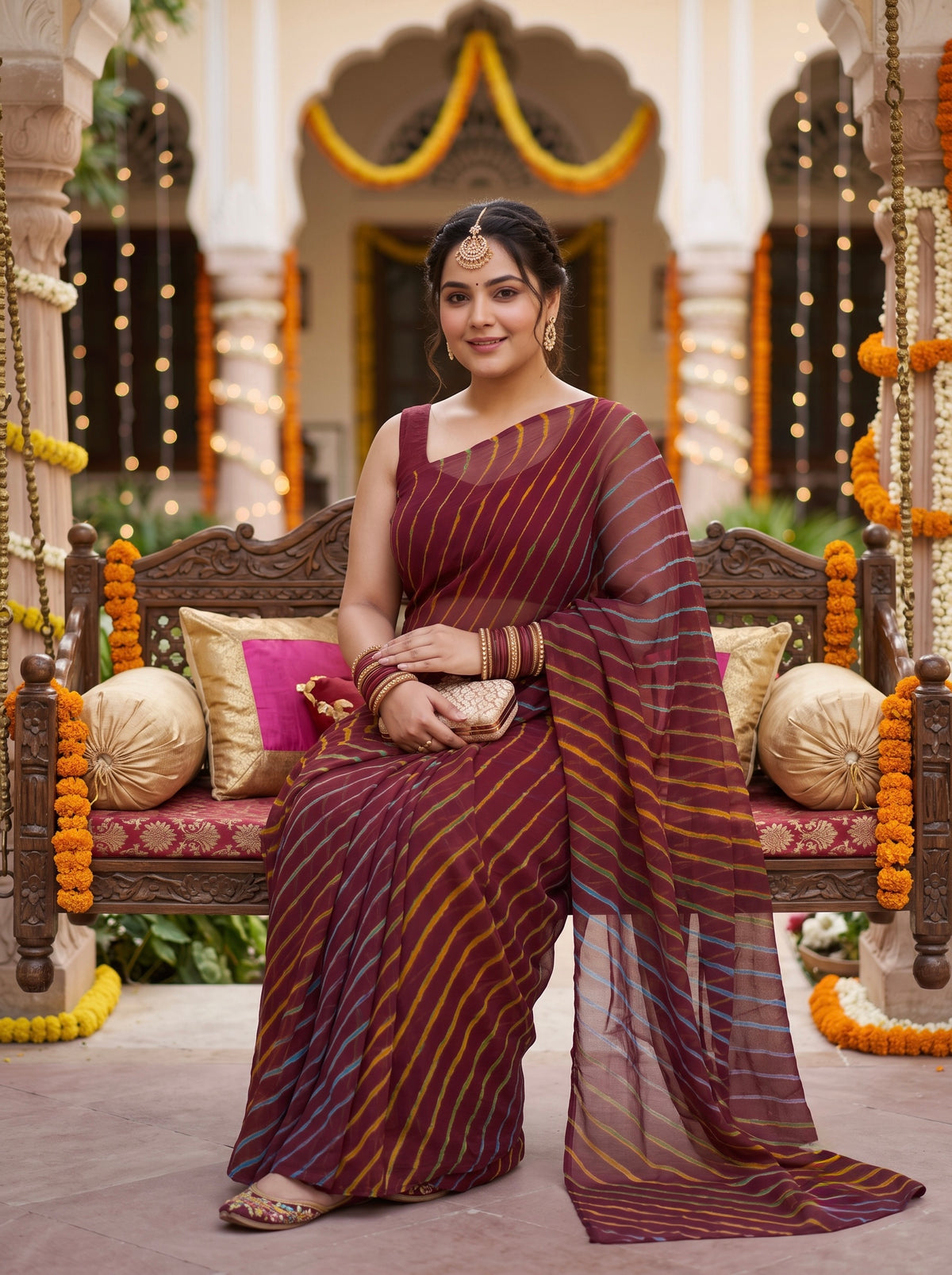 Maroon Leheriya Saree with Multi-colour Accents