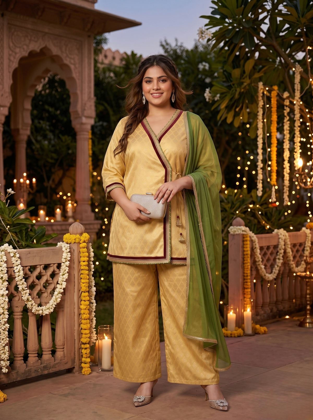 Plus Size Gold Jacquard Kurta Set with Chiffon Dupatta – Festive Ethnic Wear