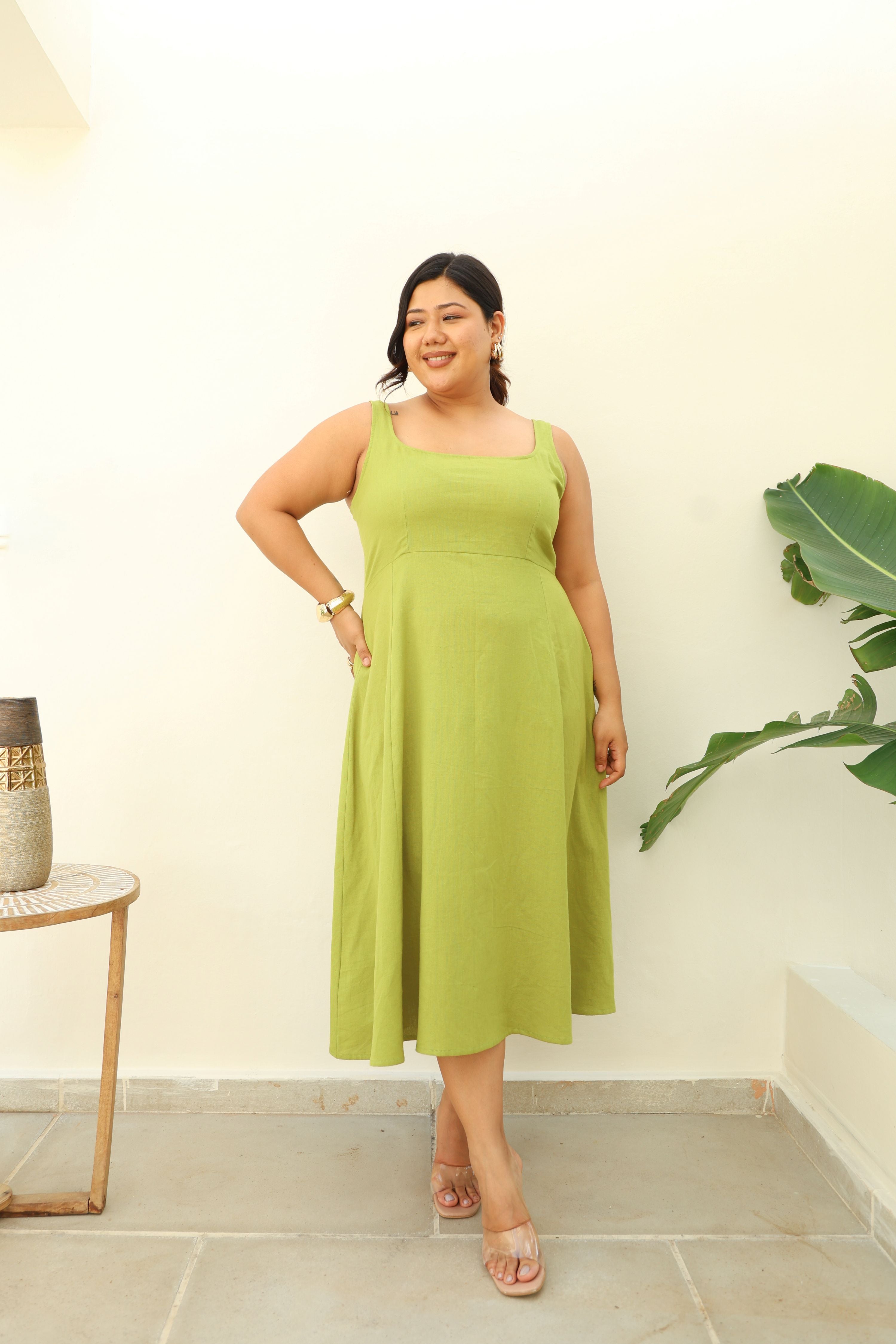 Fit & Flare Lime Green Cotton Midi Dress