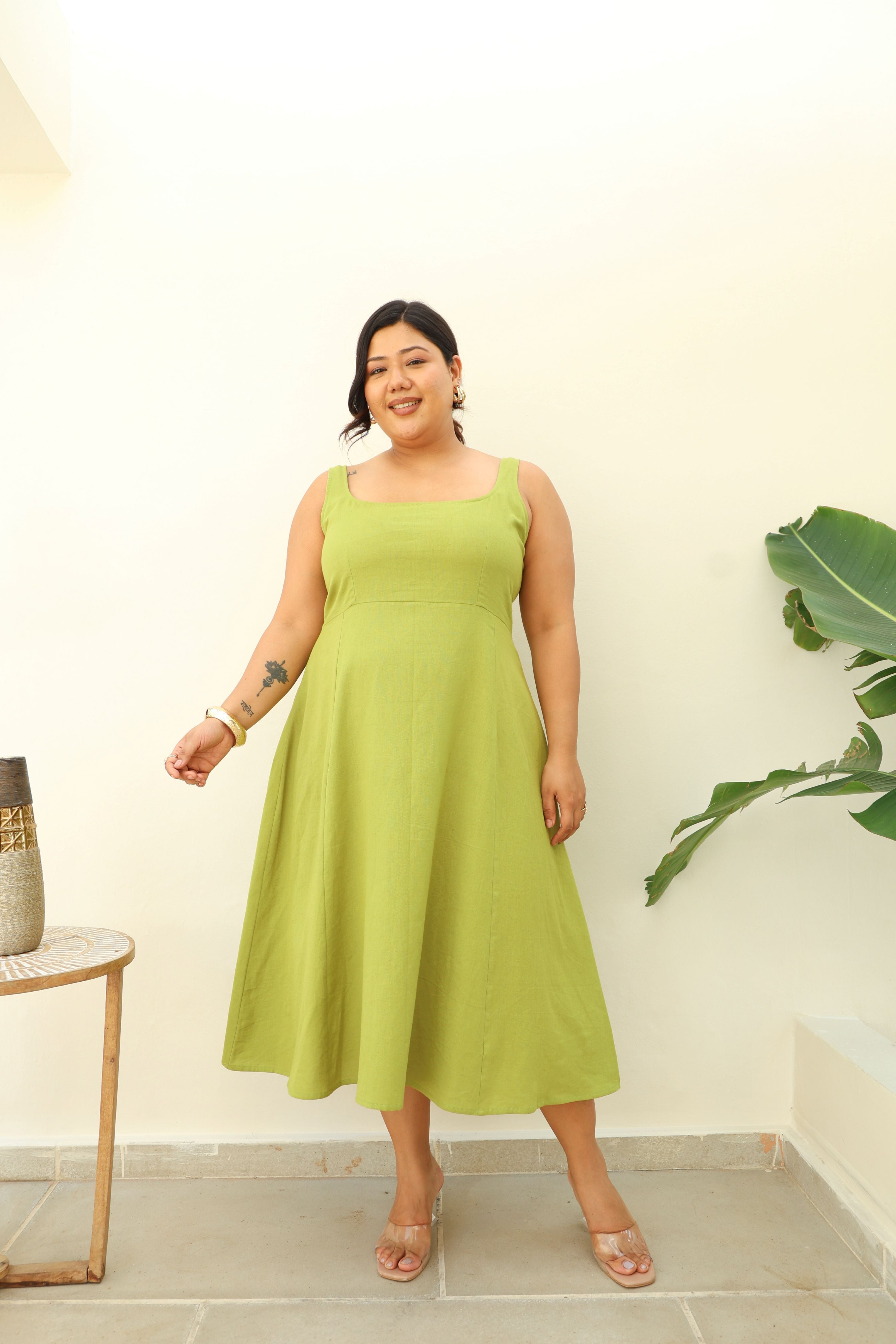 Fit & Flare Lime Green Cotton Midi Dress