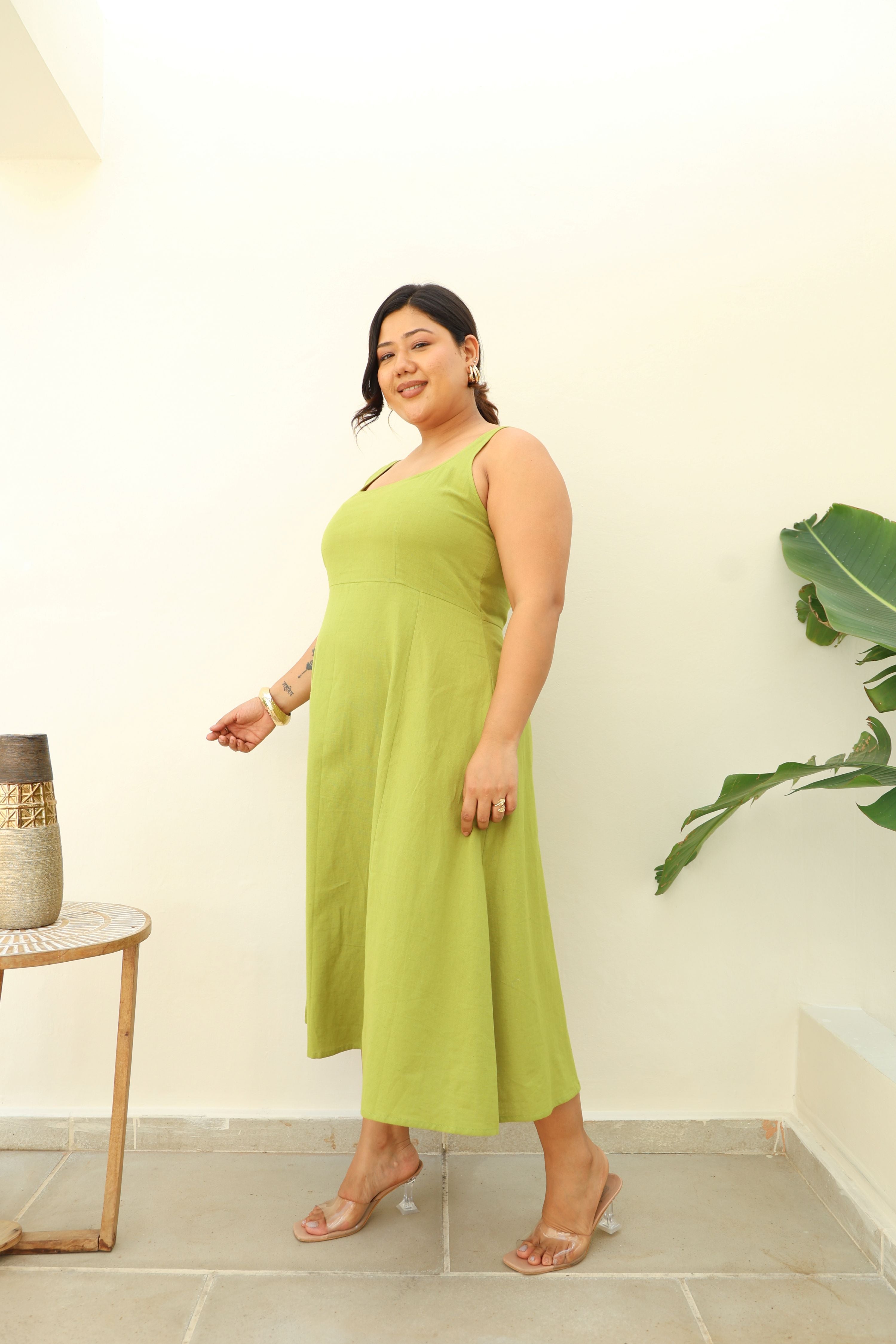 Fit & Flare Lime Green Cotton Midi Dress