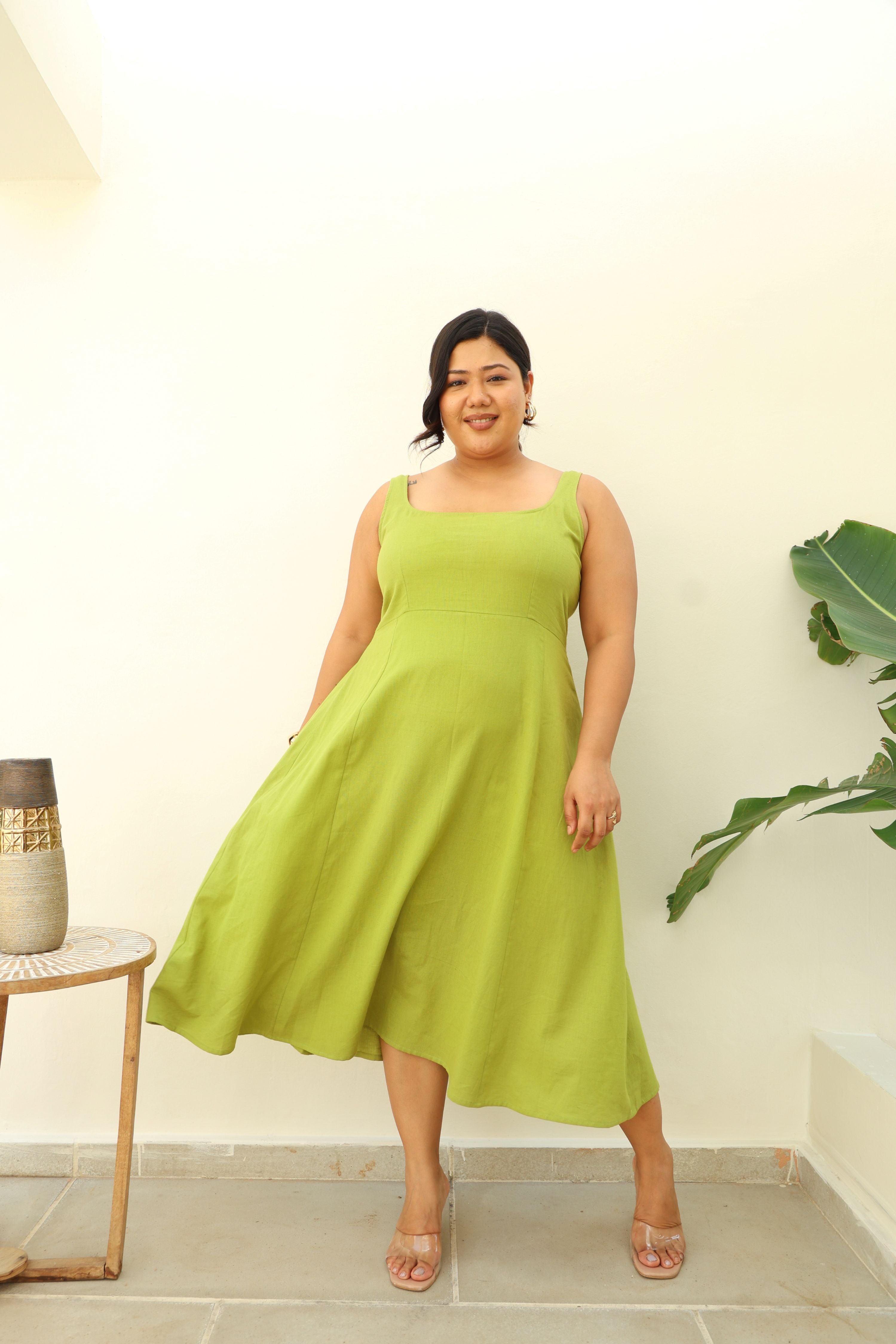 Fit & Flare Lime Green Cotton Midi Dress