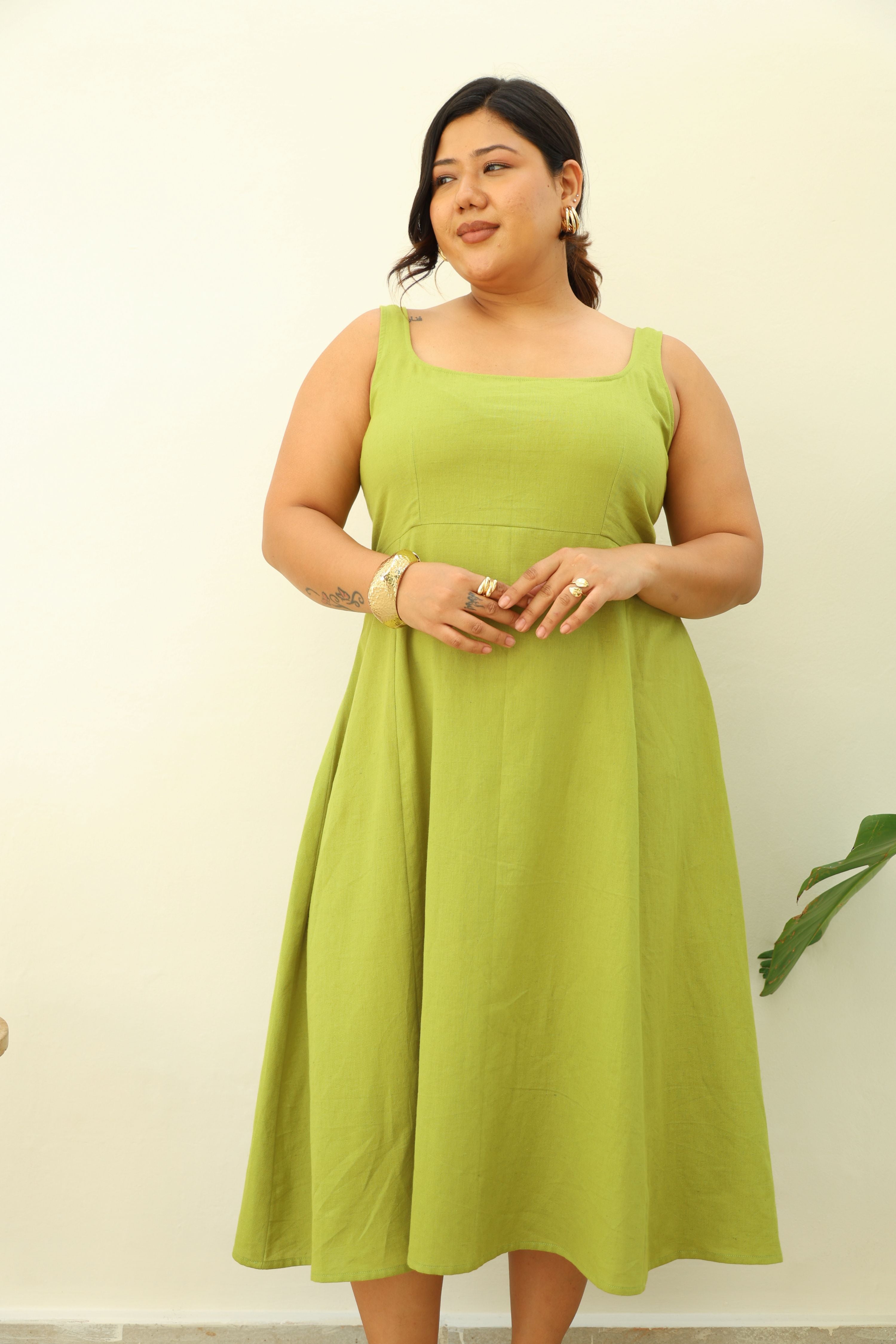 Fit & Flare Lime Green Cotton Midi Dress