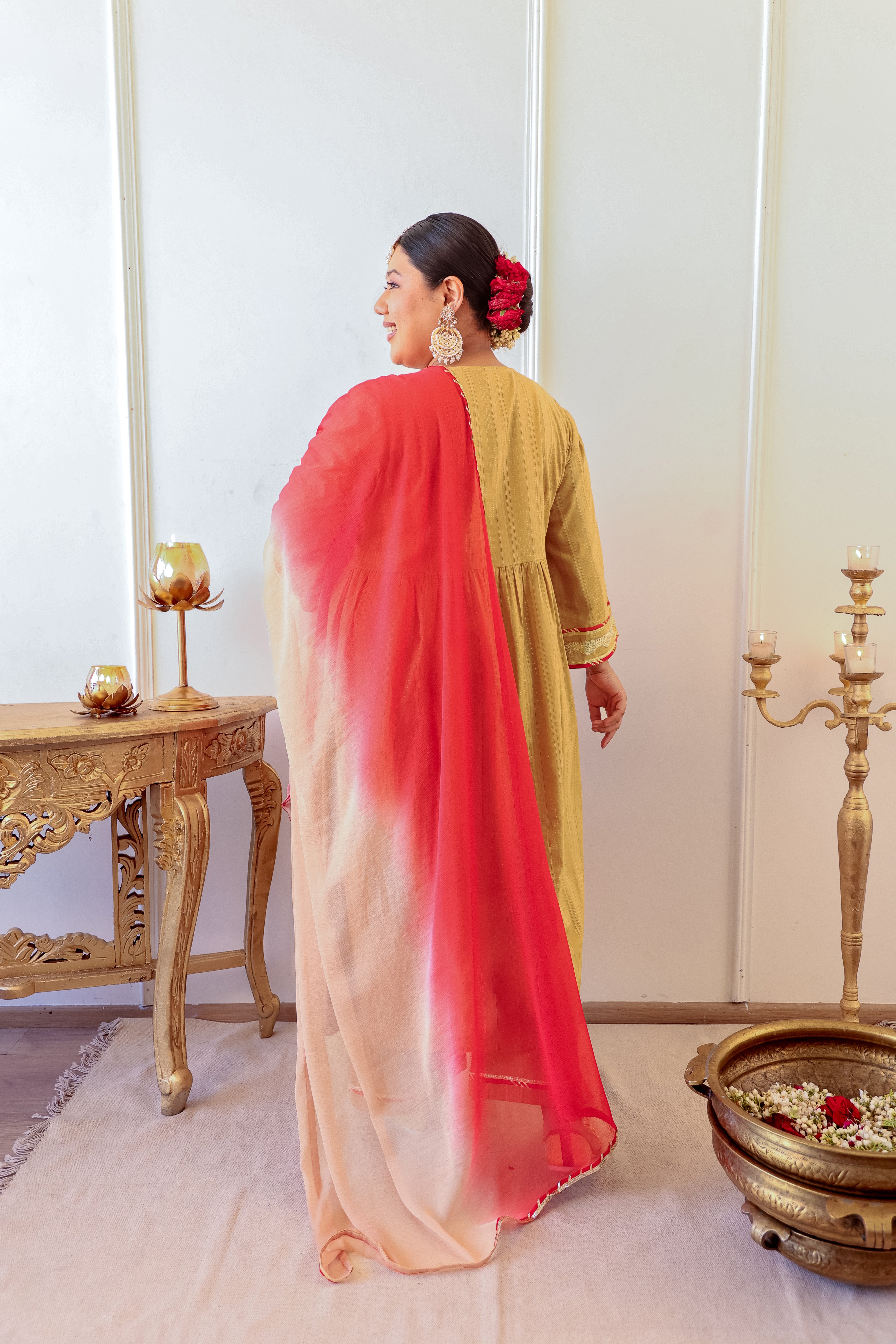 Caramel Self-Woven Zari Kurta Set with Gota Detailing