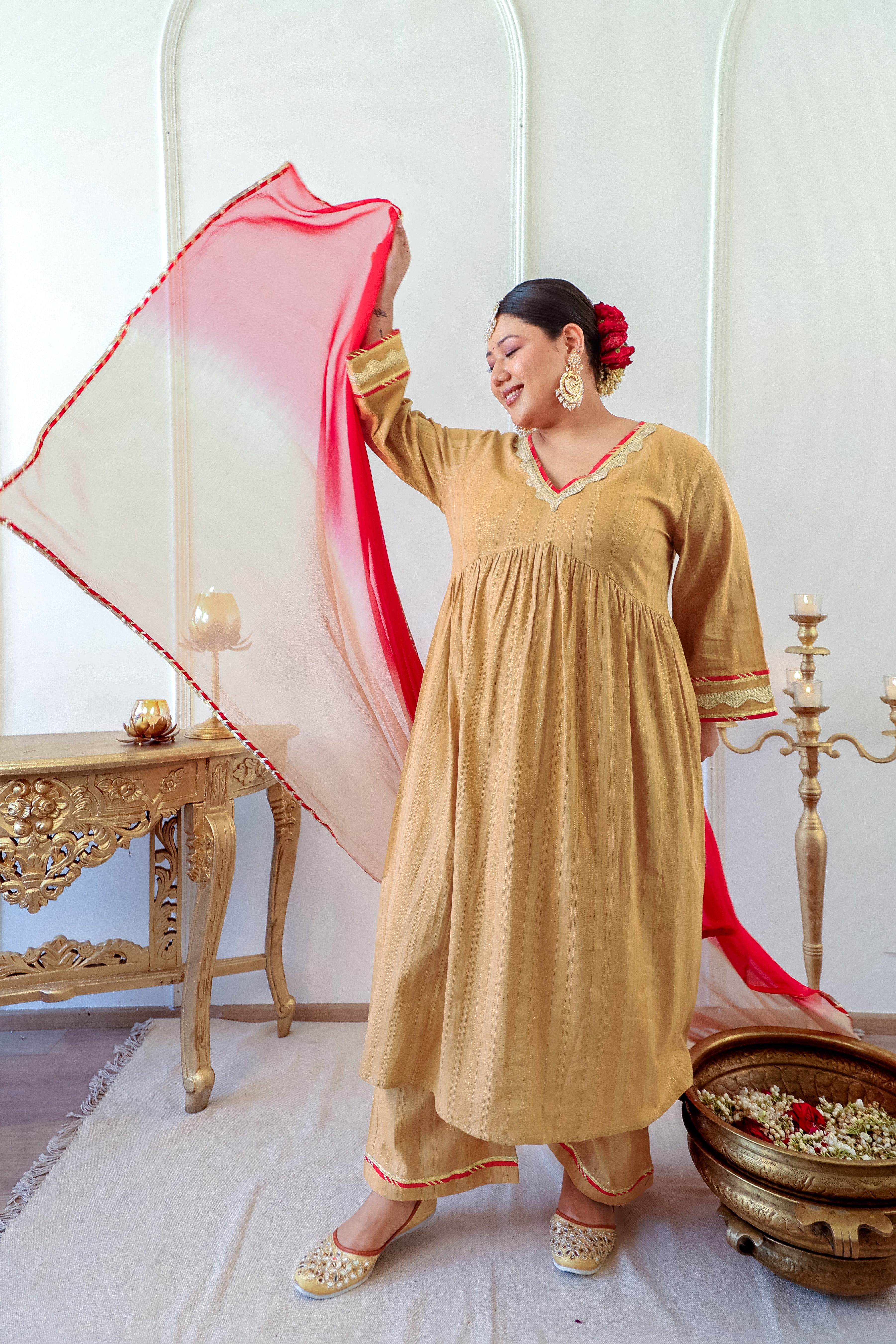 Caramel Self-Woven Zari Kurta Set with Gota Detailing