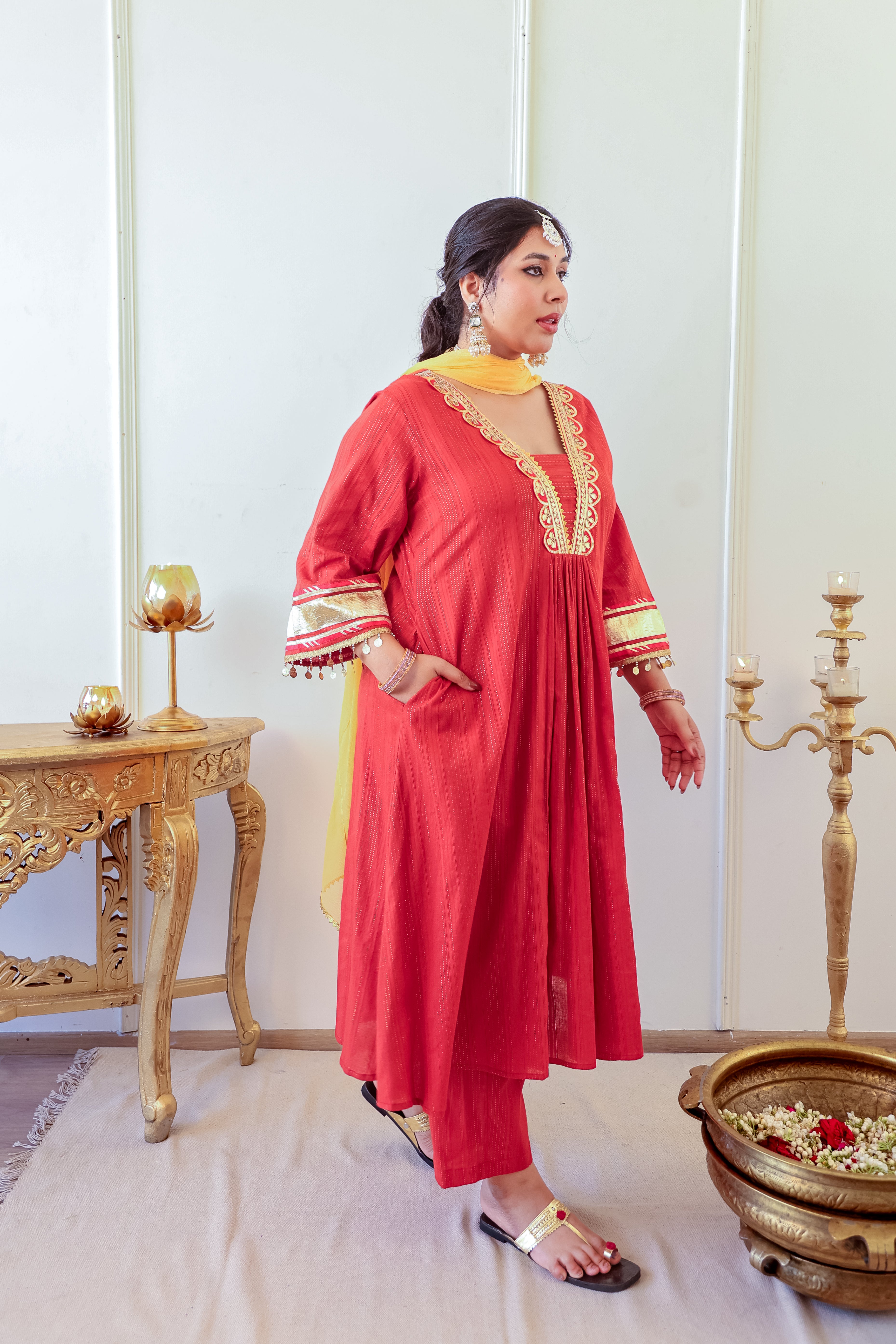 Regal Rust Red Kurta Set with Gota Detailing