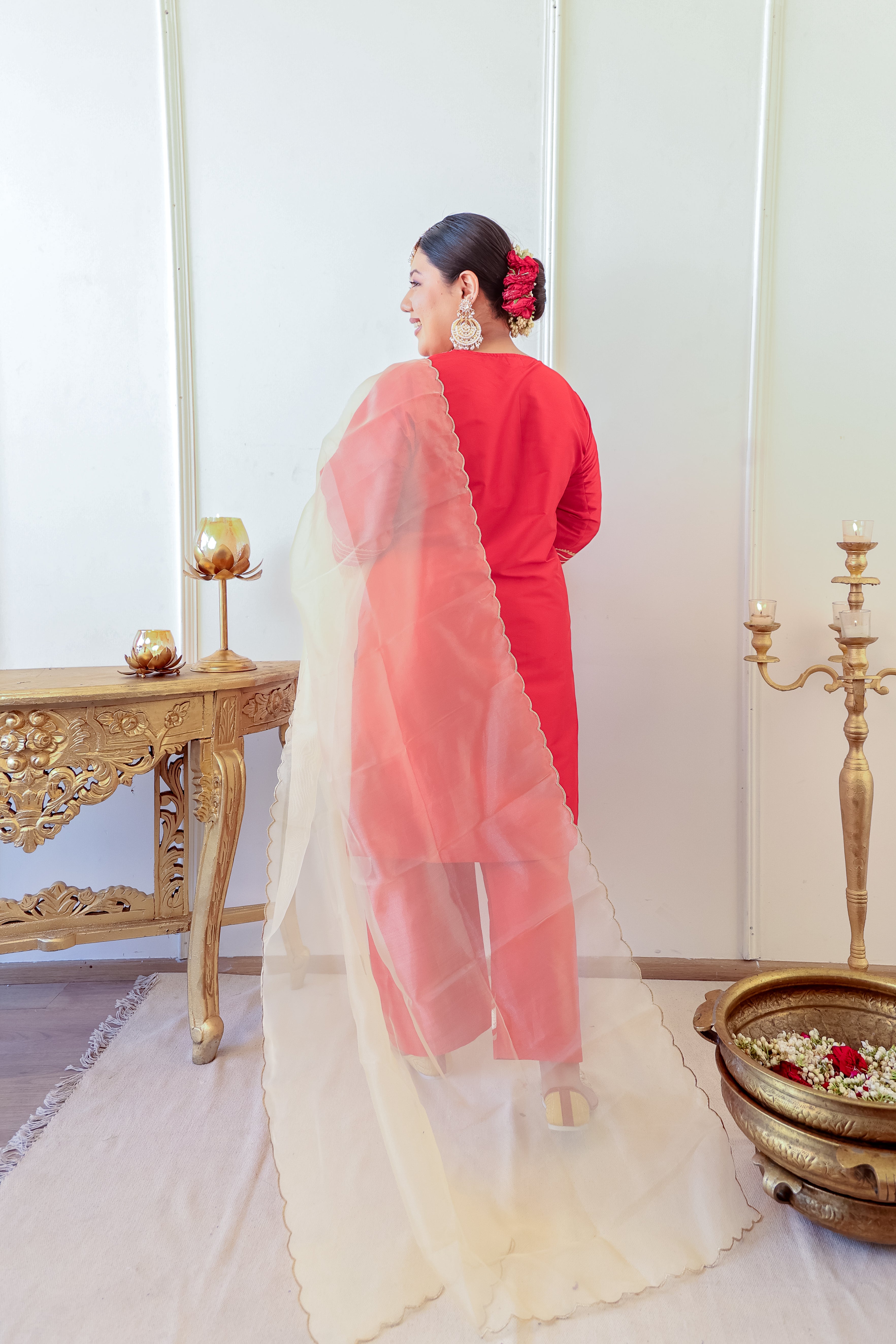 Crimson Red Taffeta Kurta Set with Gota Patti