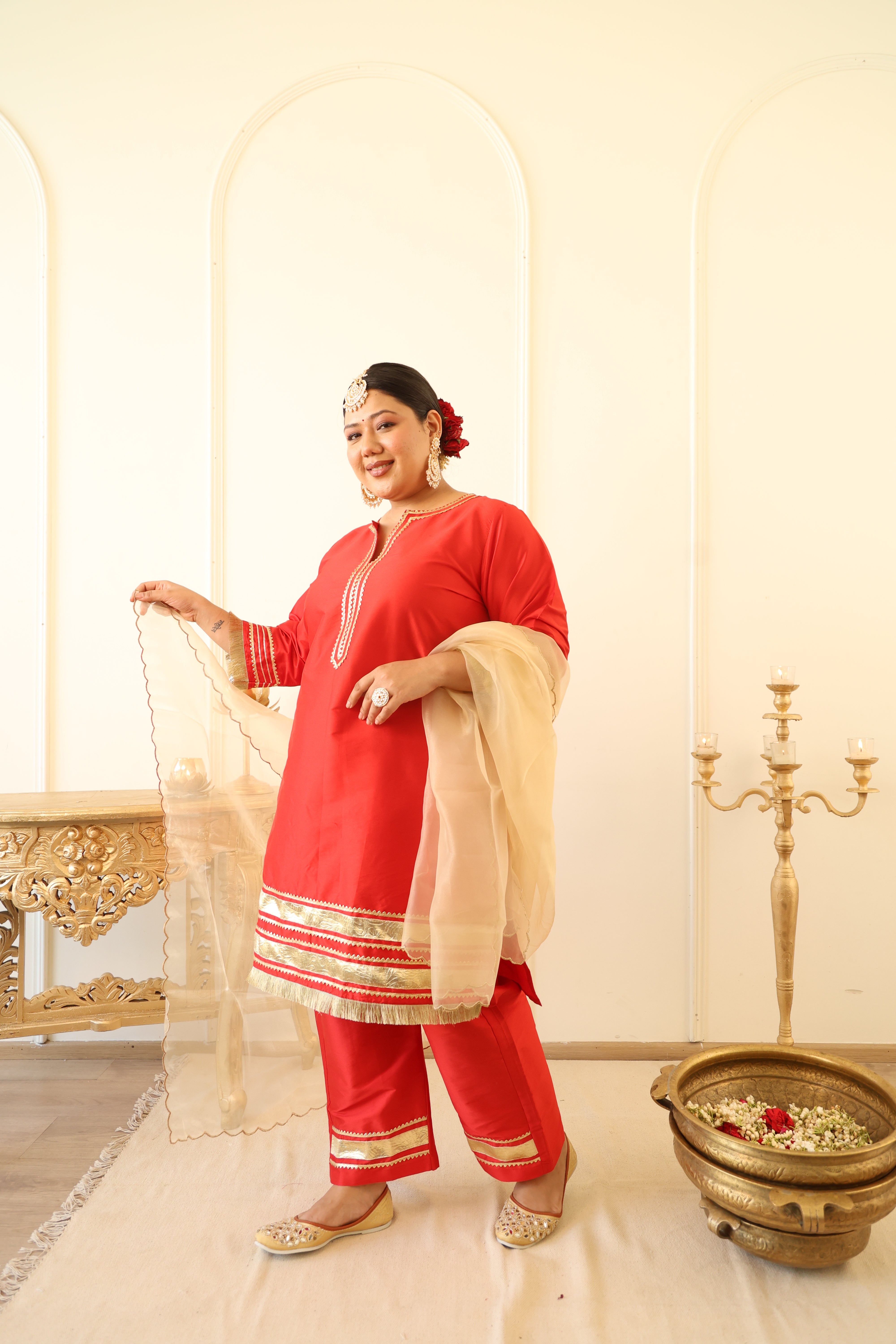 Crimson Red Taffeta Kurta Set with Gota Patti