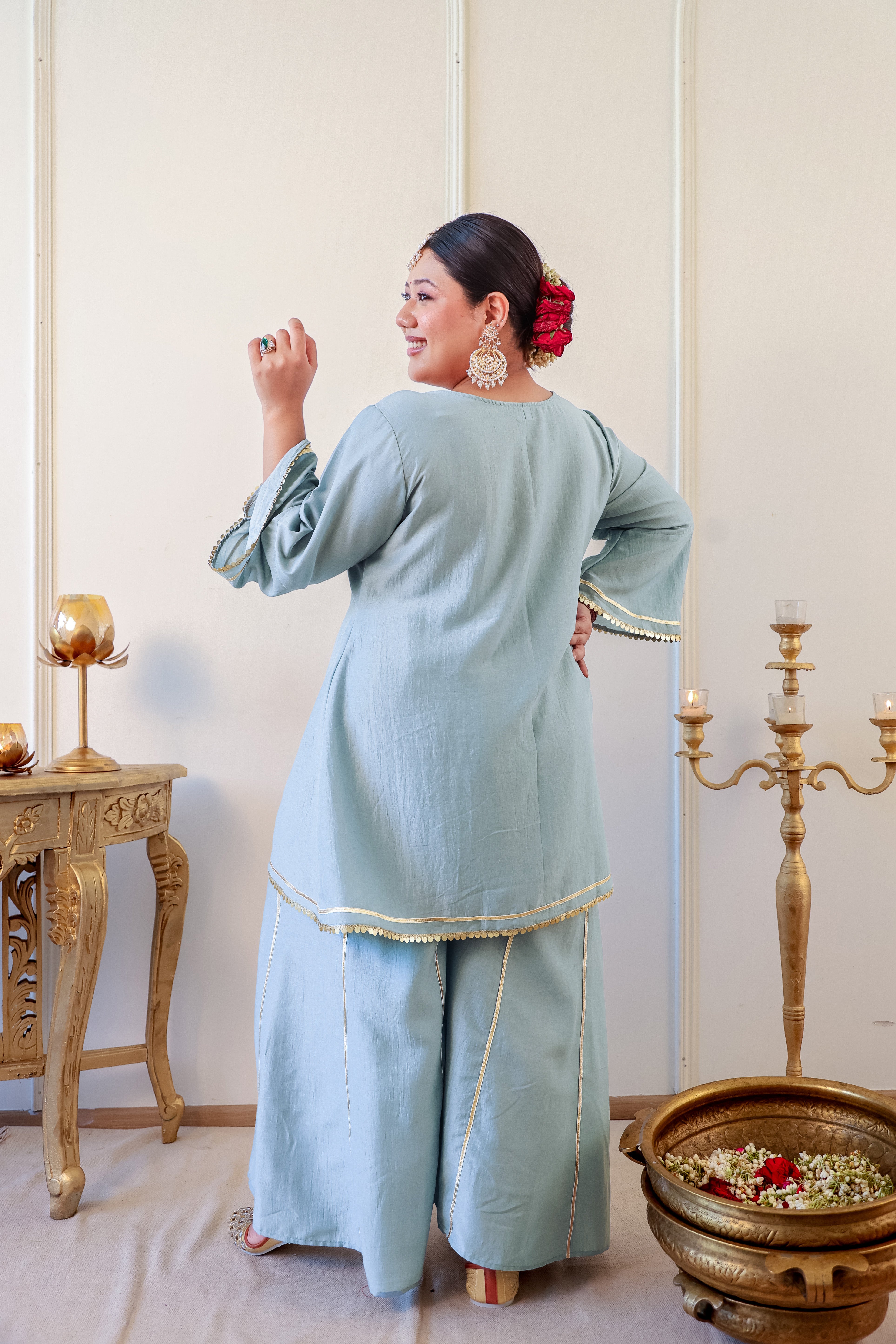 Misty Blue Roman Silk Kurta Set with Gota Detailing
