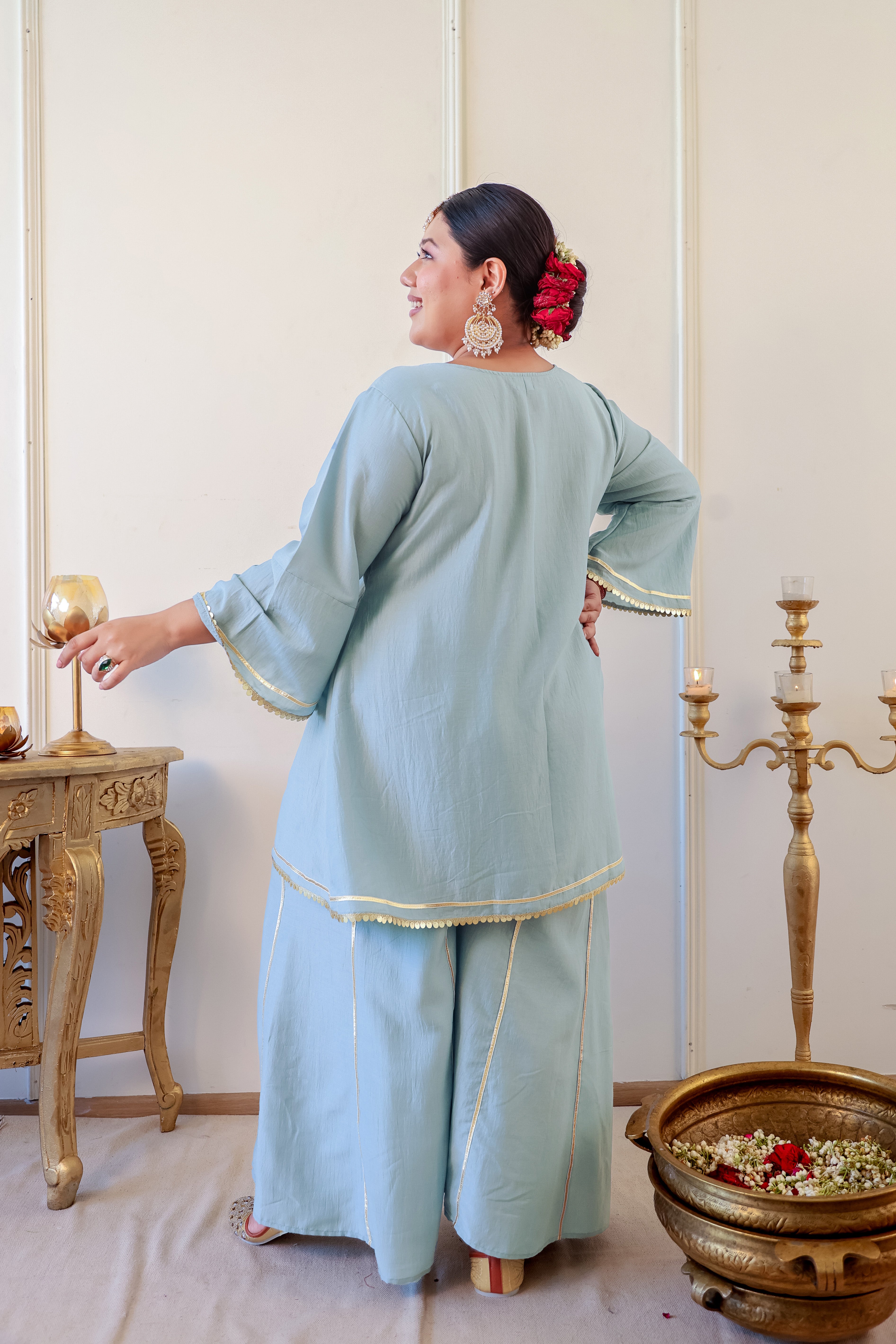 Misty Blue Roman Silk Kurta Set with Gota Detailing