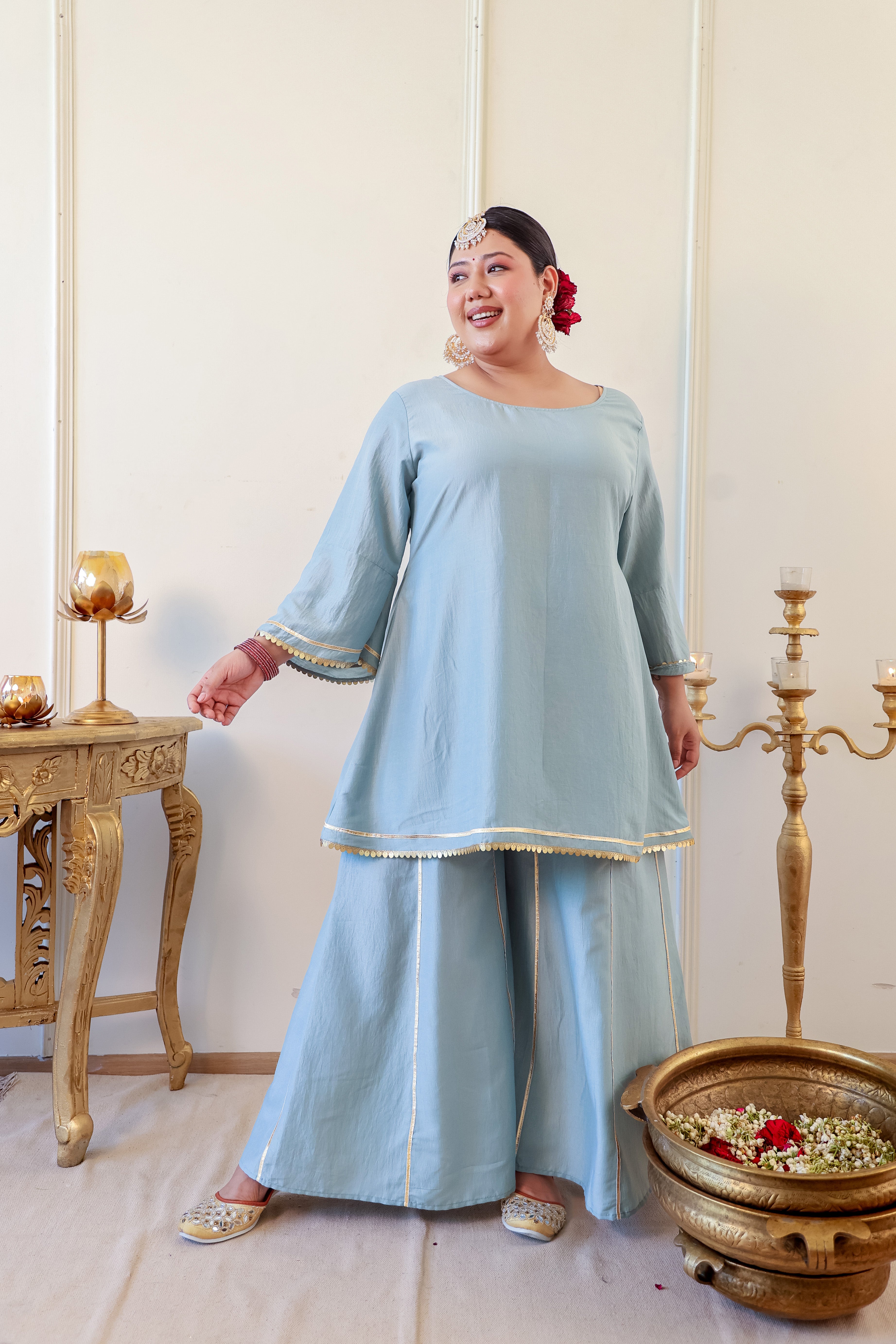 Misty Blue Roman Silk Kurta Set with Gota Detailing