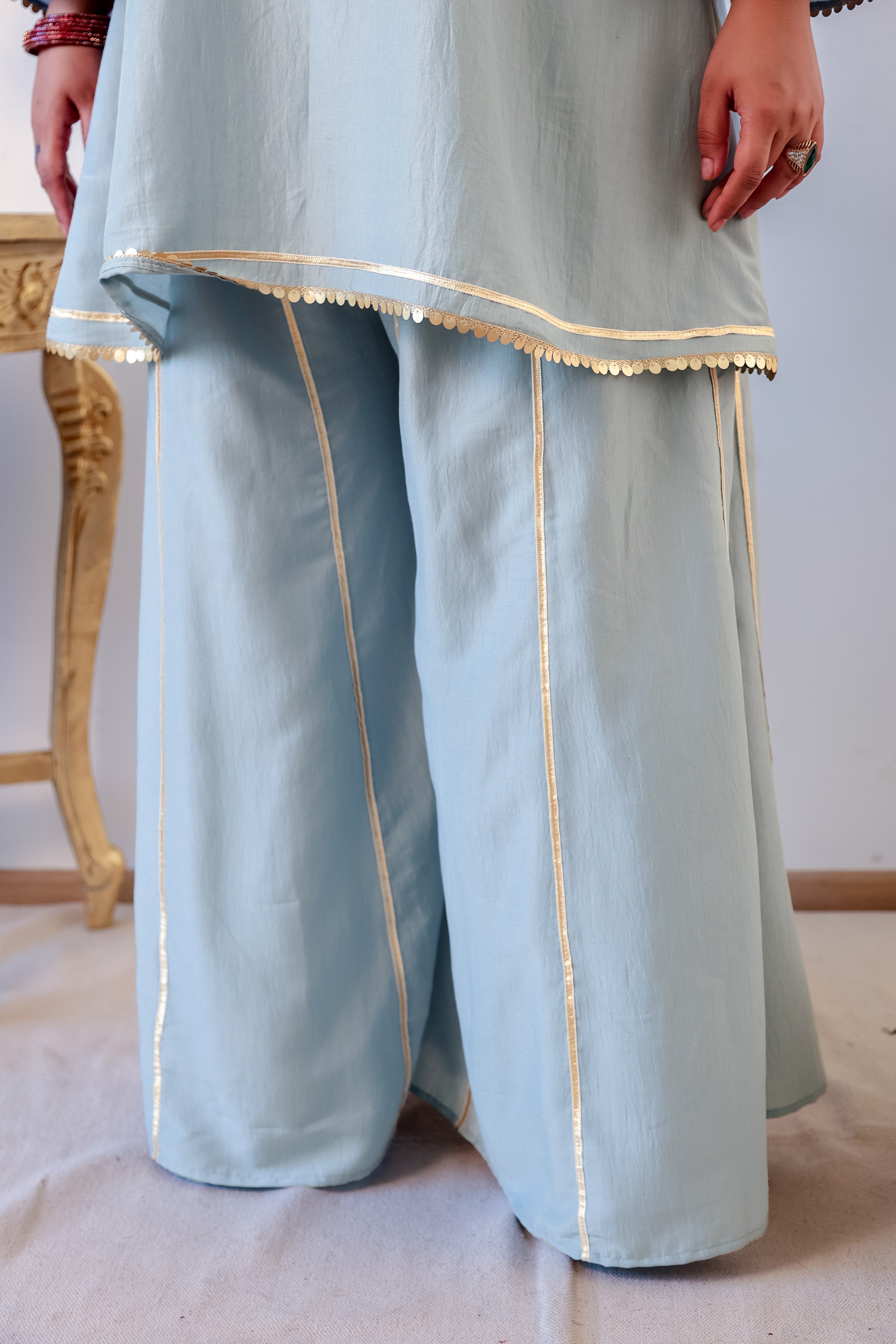 Misty Blue Roman Silk Kurta Set with Gota Detailing