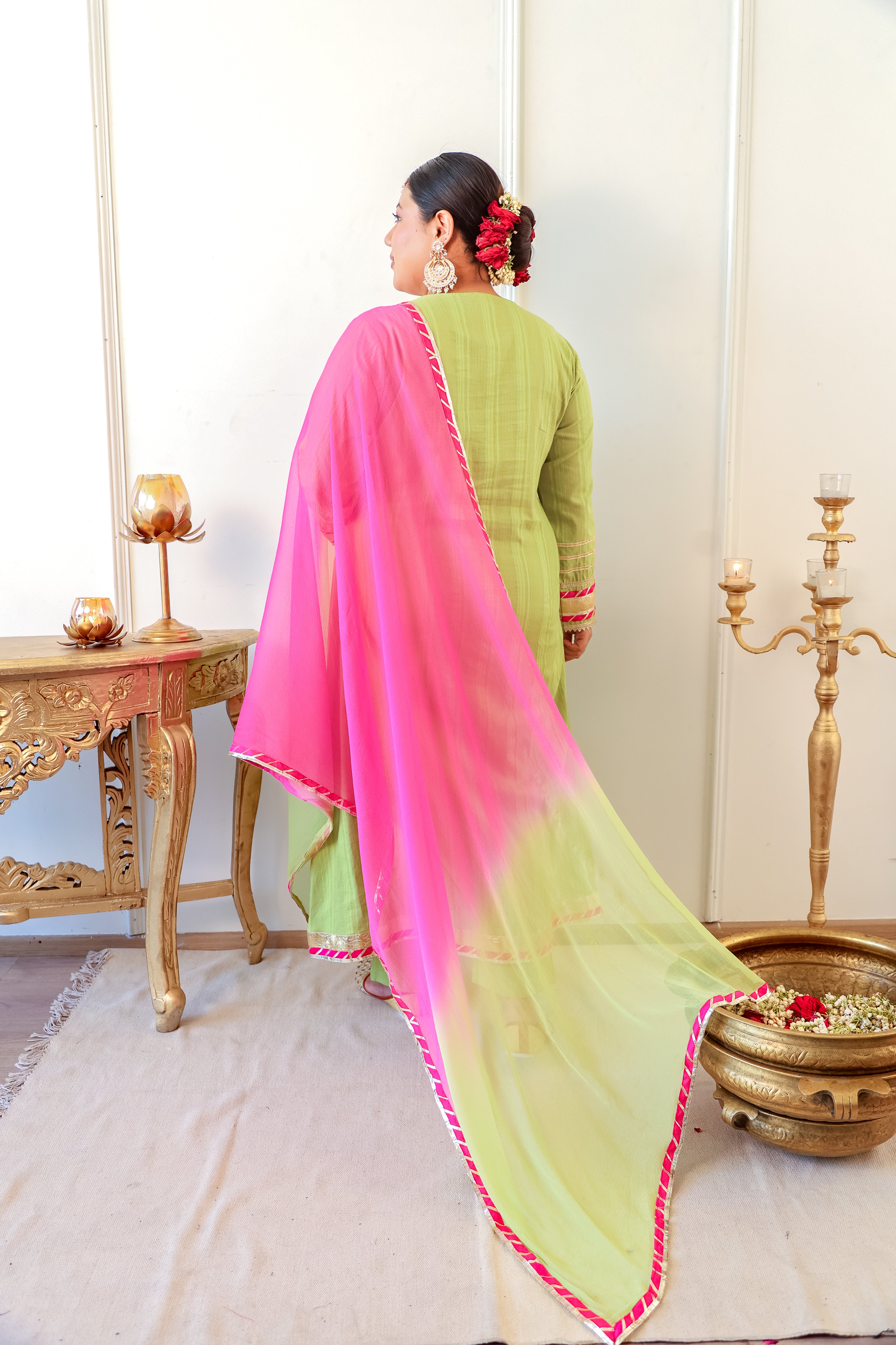 Lime Green & Pink A-Line Kurta Set with Gota Lace Detailing
