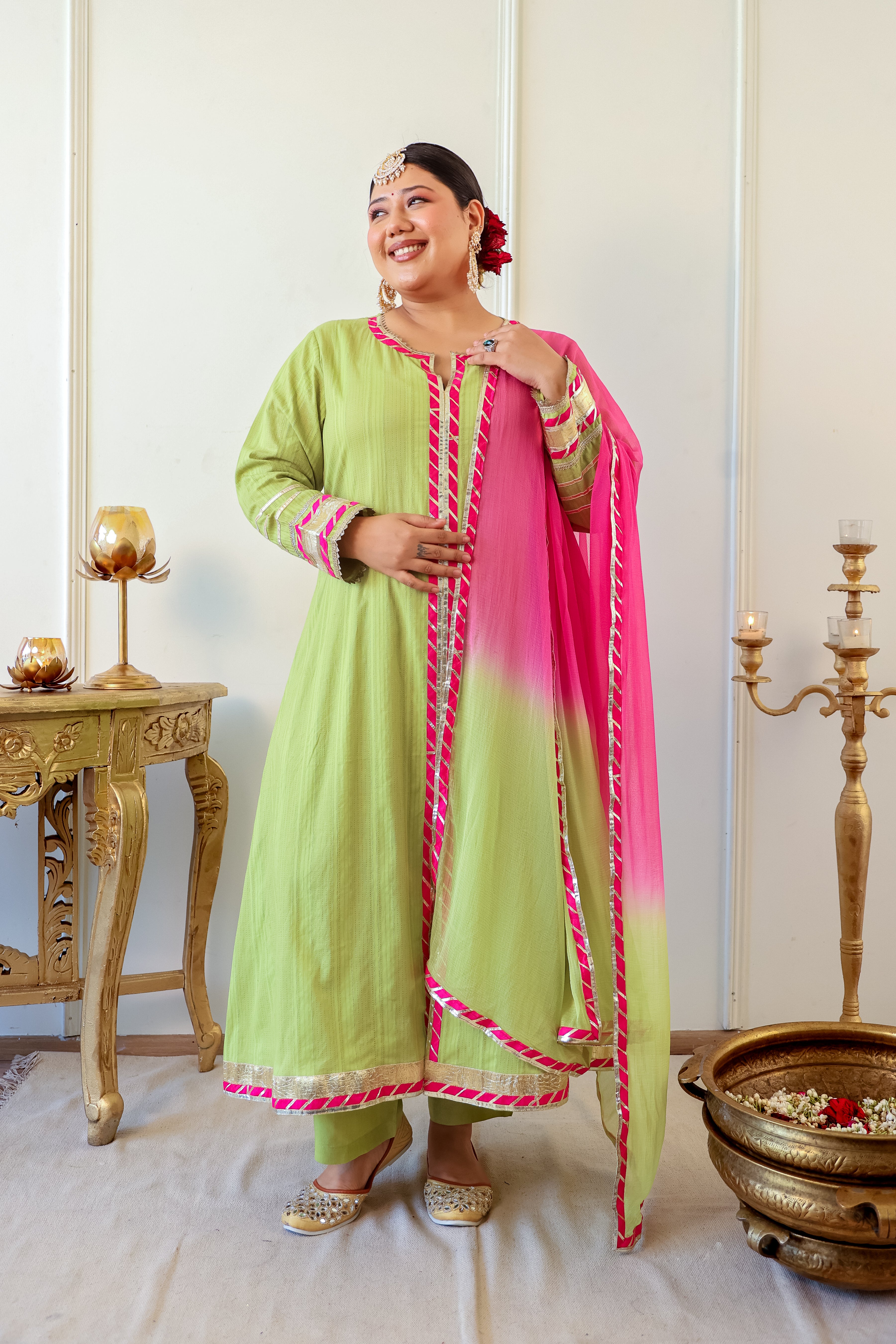 Lime Green & Pink A-Line Kurta Set with Gota Lace Detailing