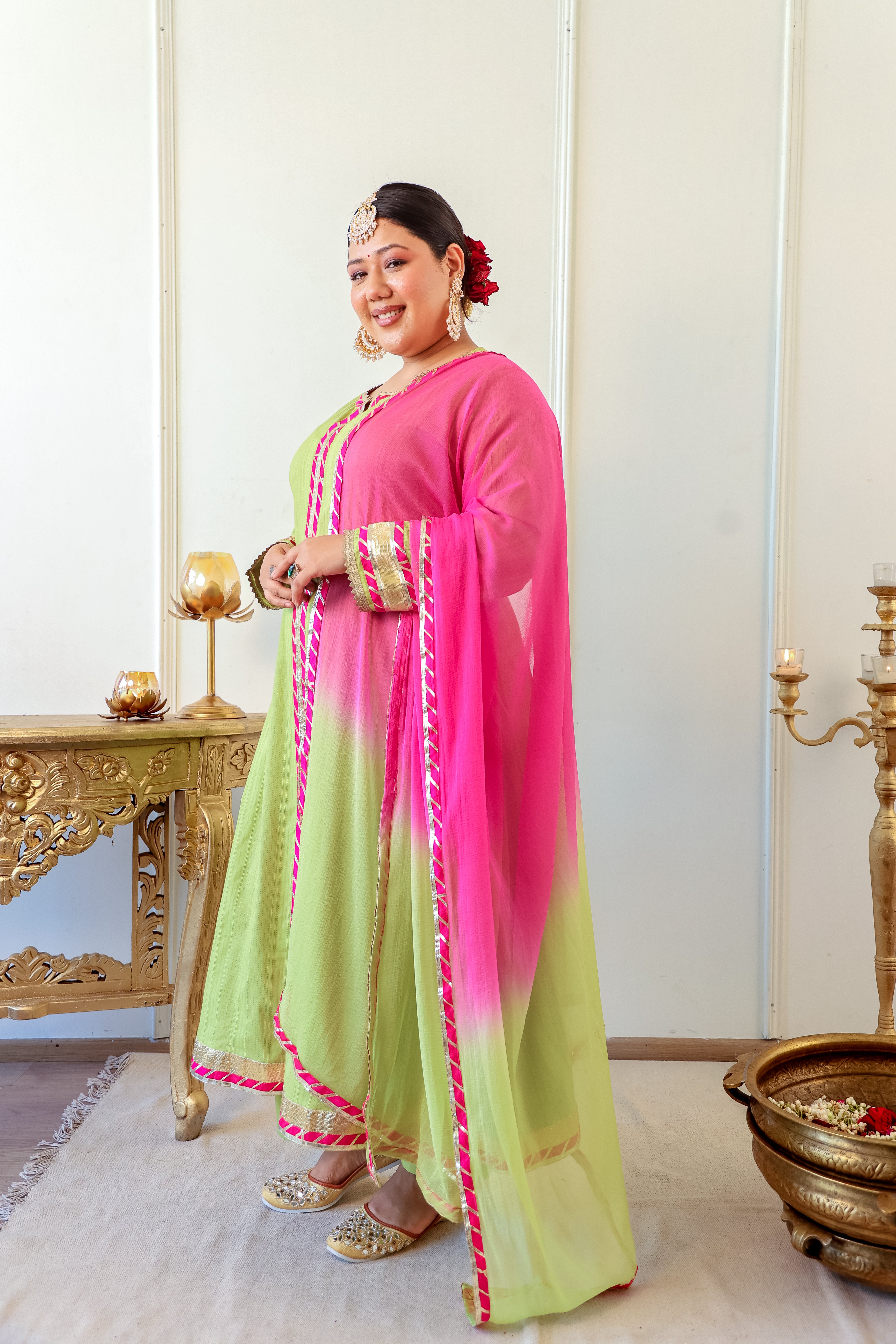 Lime Green & Pink A-Line Kurta Set with Gota Lace Detailing