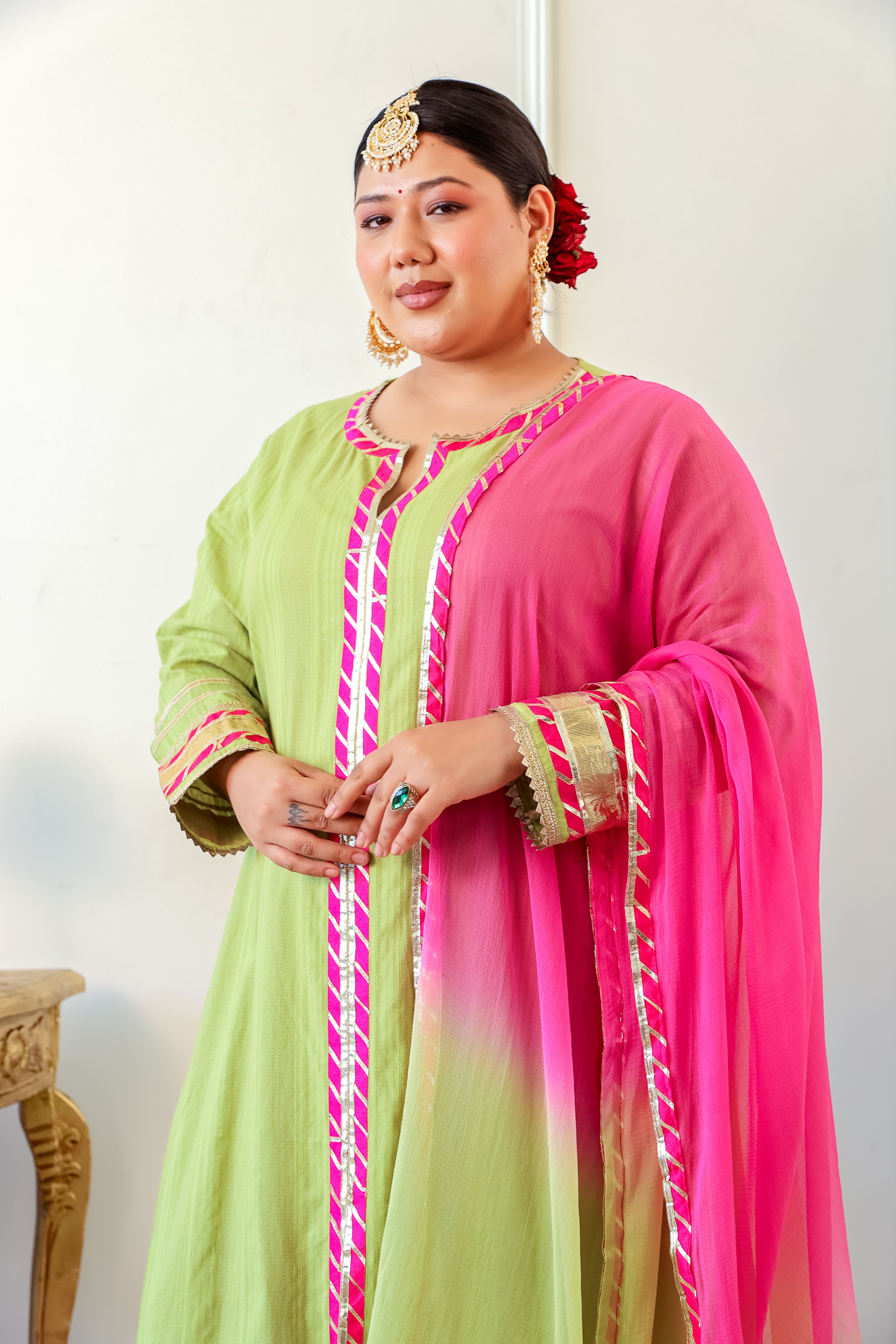 Lime Green & Pink A-Line Kurta Set with Gota Lace Detailing