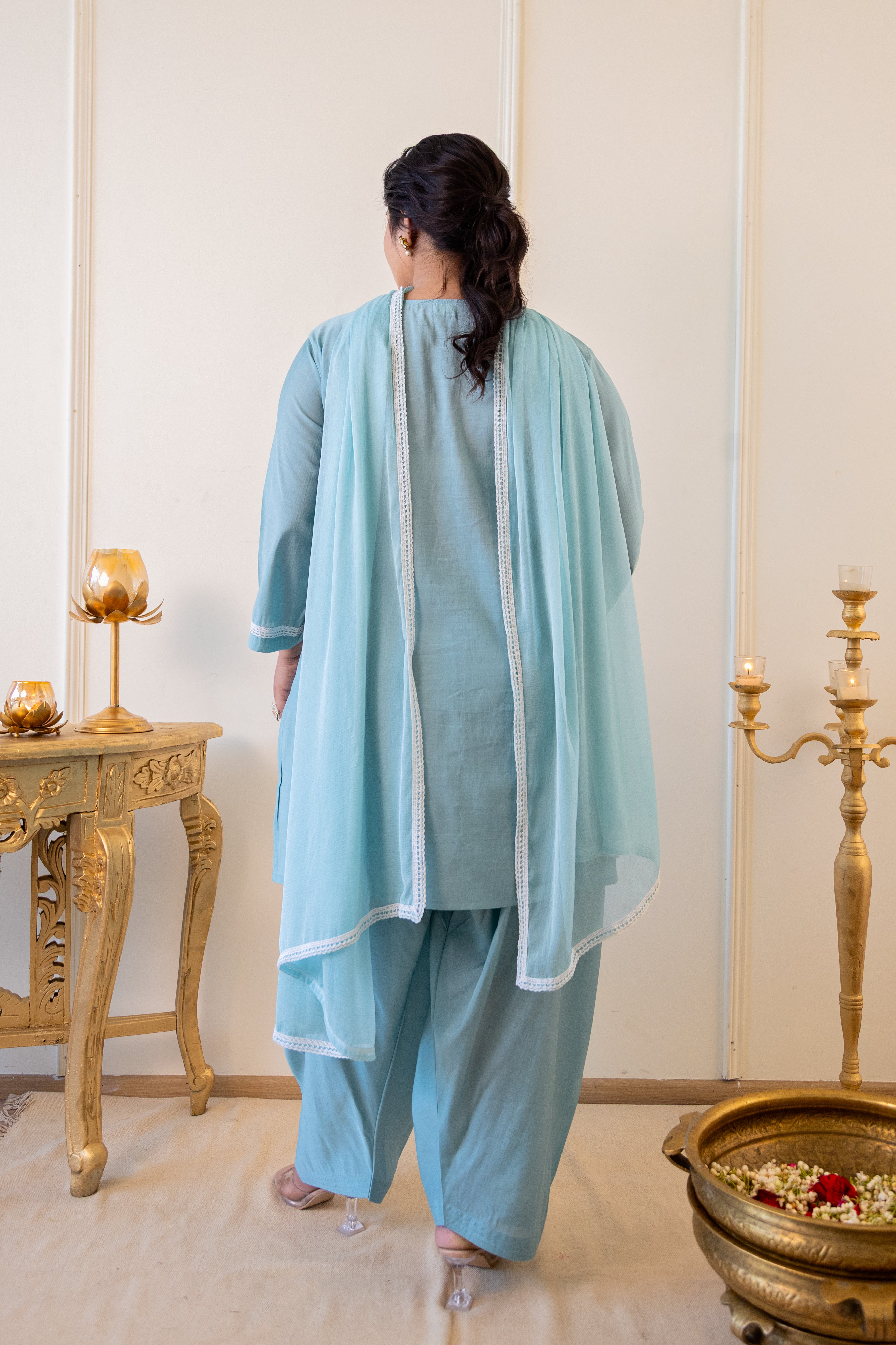 Powder Blue Roman Silk Kurta Set with Farshi Salwar