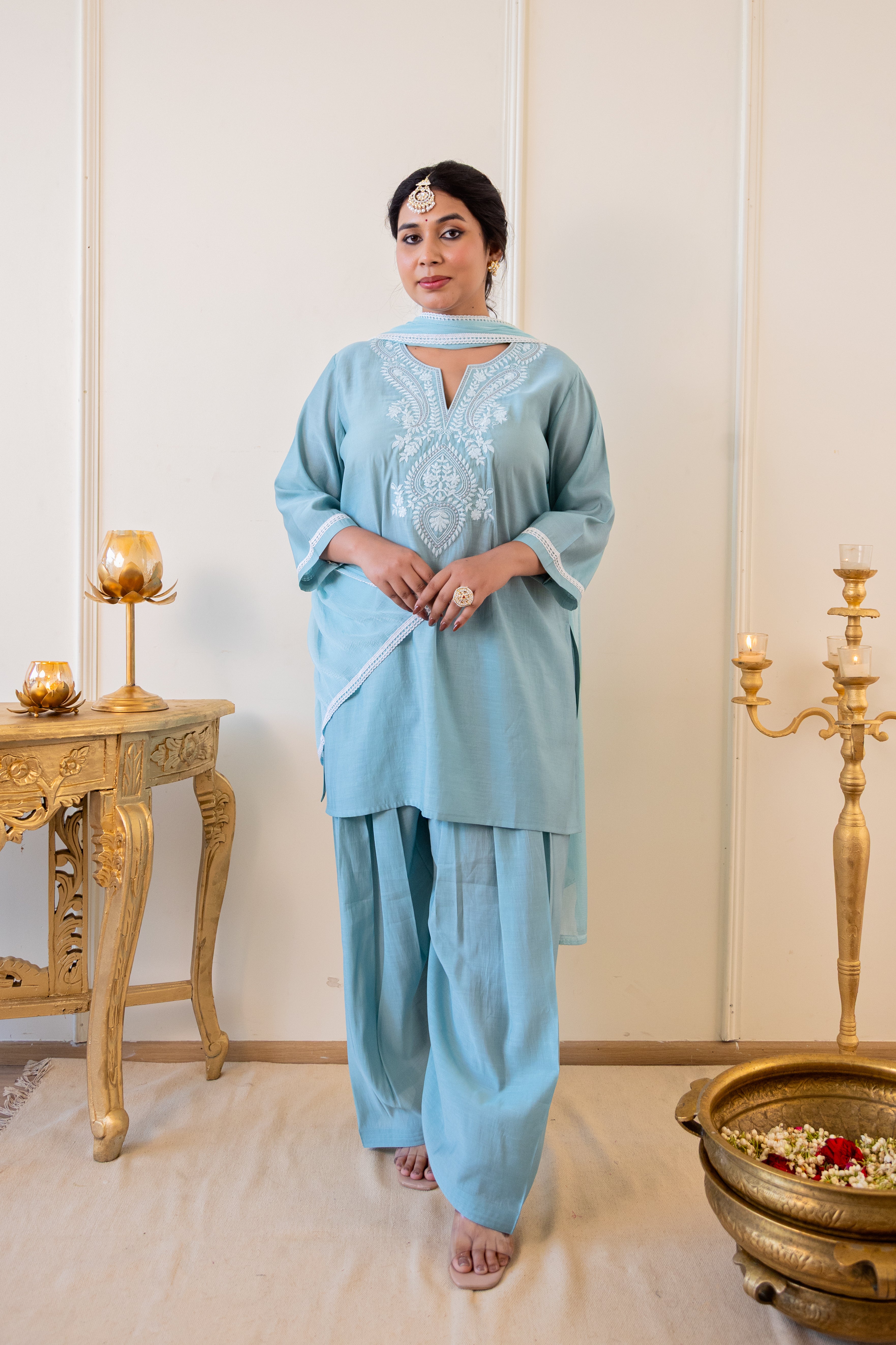 Powder Blue Roman Silk Kurta Set with Farshi Salwar