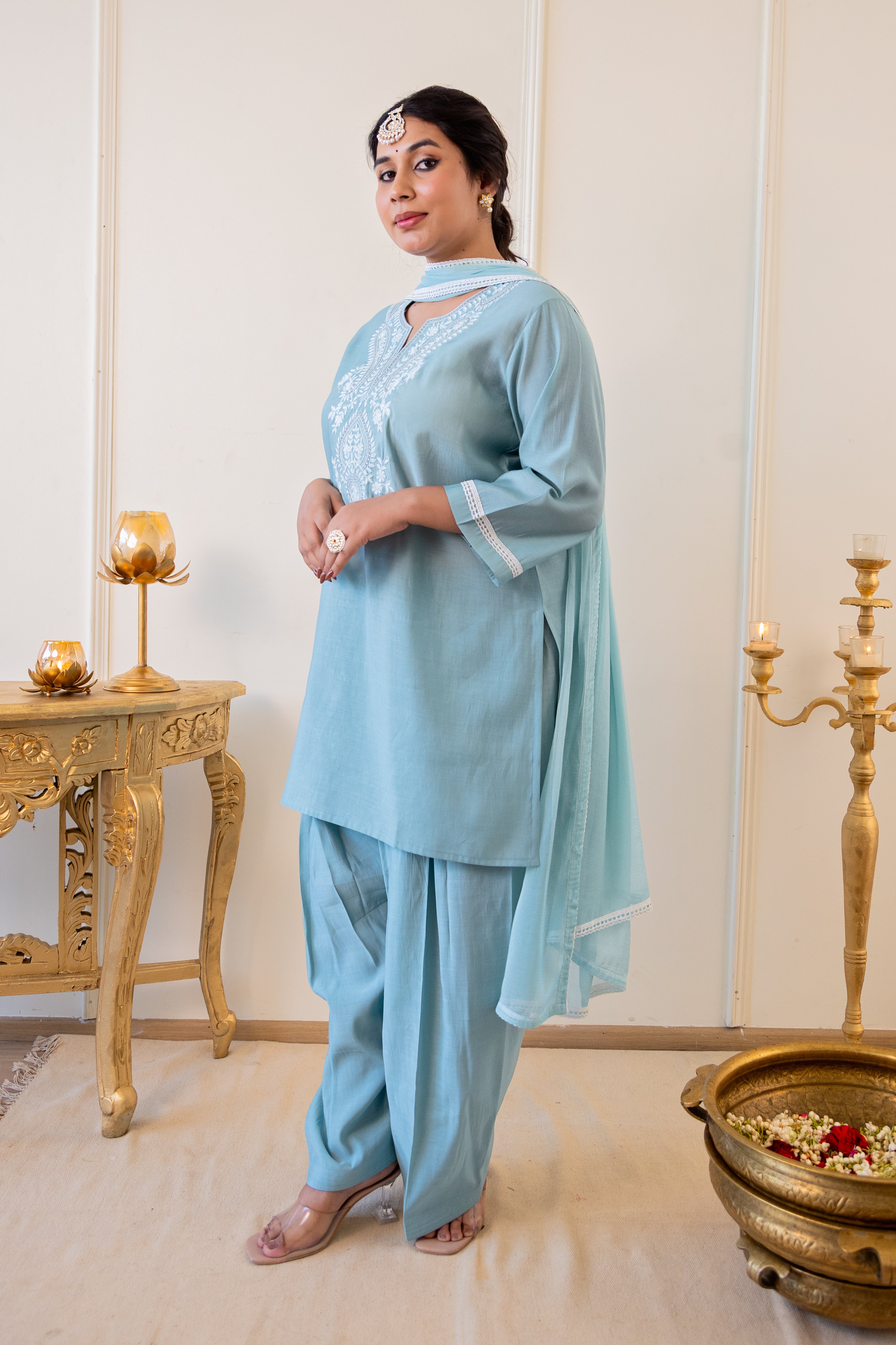 Powder Blue Roman Silk Kurta Set with Farshi Salwar