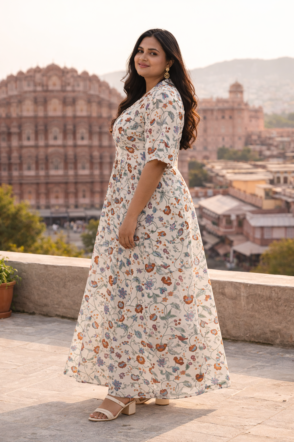 White Floral Hand-block Printed Cotton Maxi Dress