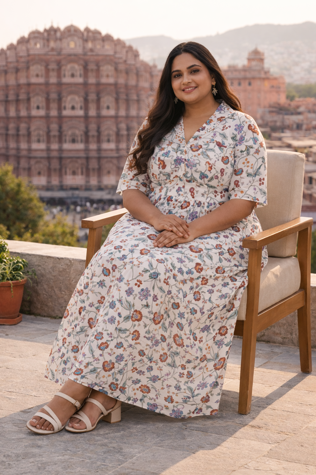 White Floral Hand-block Printed Cotton Maxi Dress