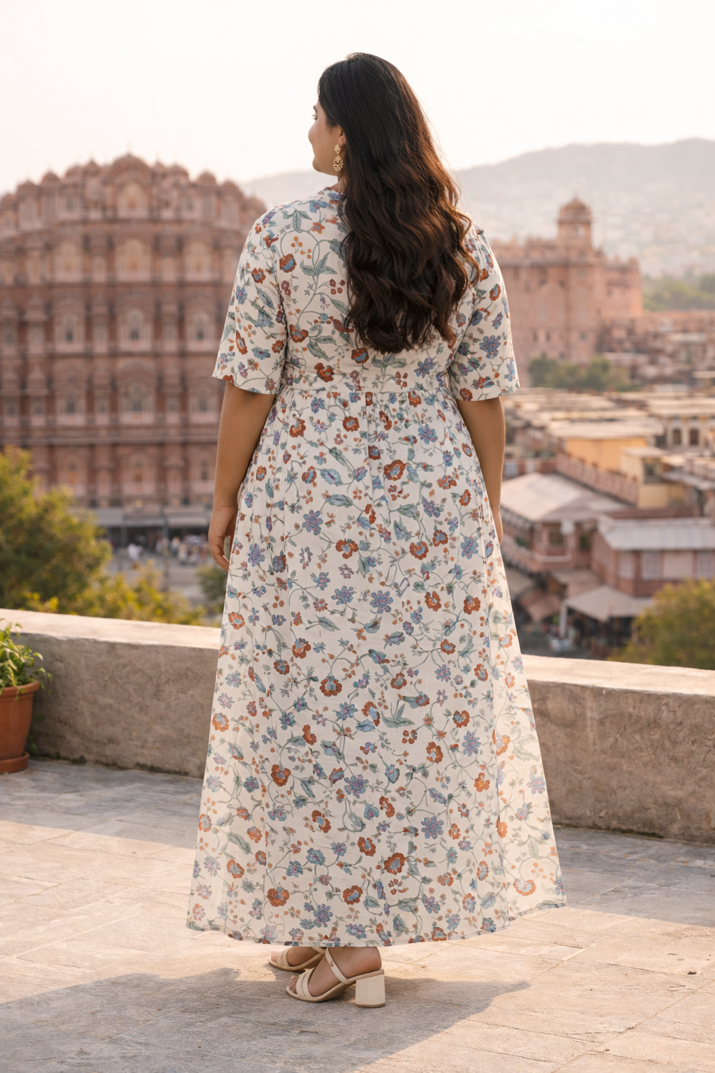White Floral Hand-block Printed Cotton Maxi Dress
