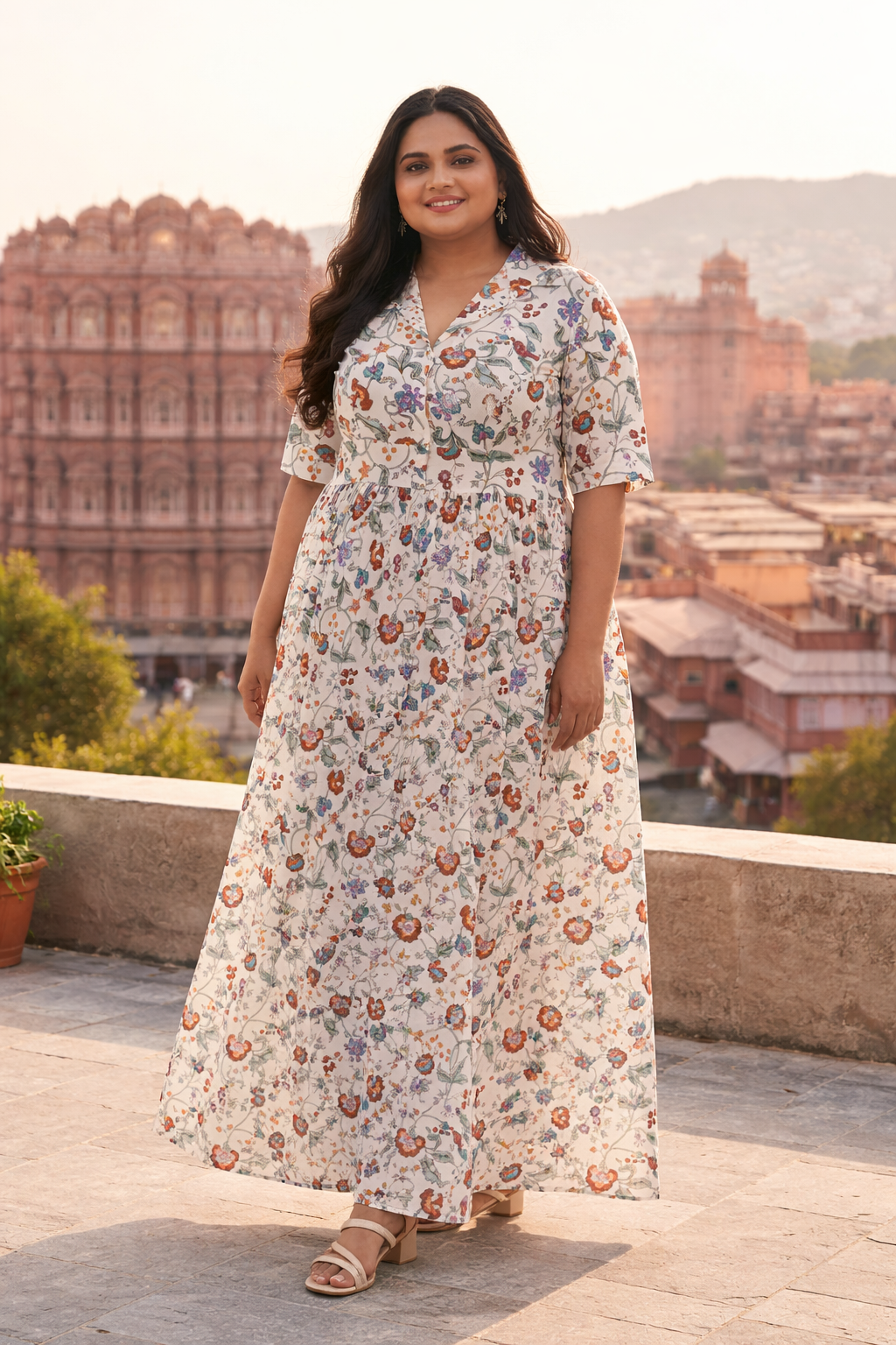White Floral Hand-block Printed Cotton Maxi Dress