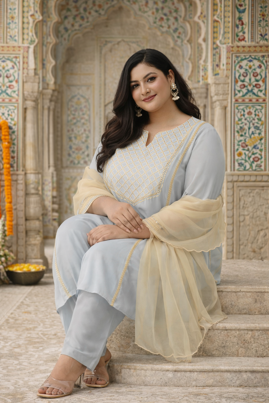 Blue and Gold Kurta Suit Set with Organza Dupatta