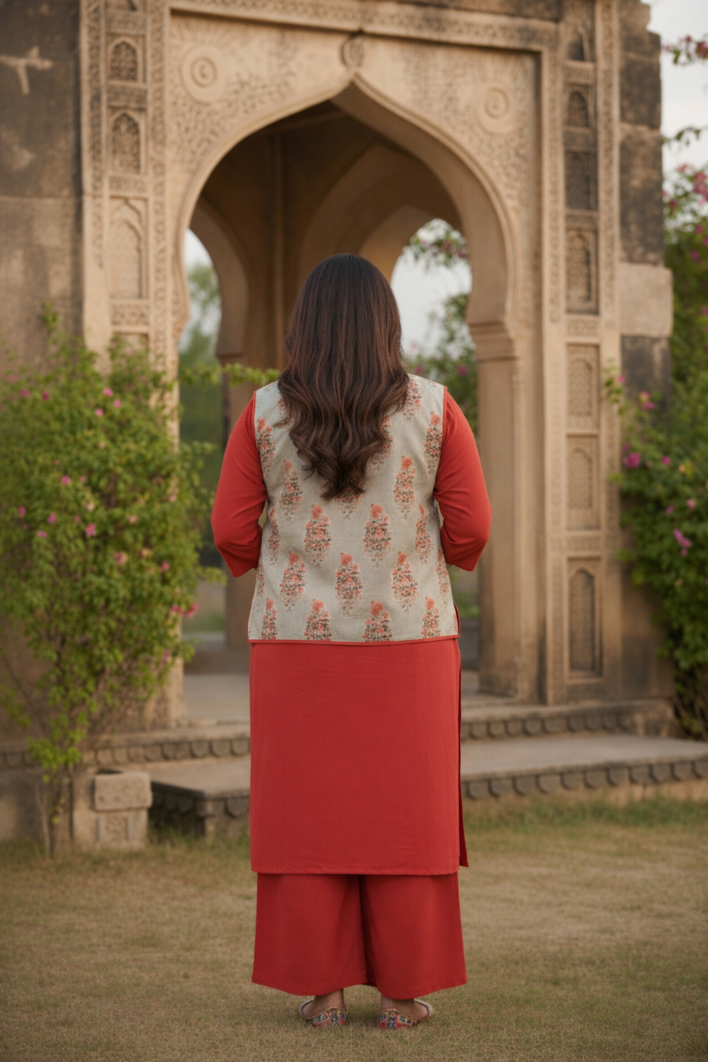 Olive and Coral Sleeveless Cotton Jacket