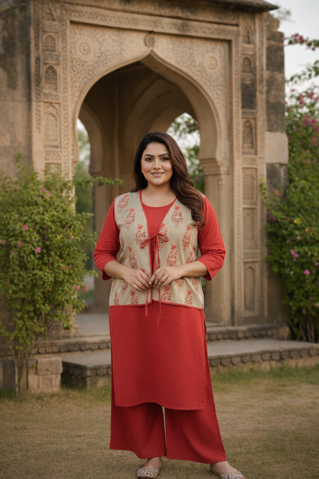 Olive and Coral Sleeveless Cotton Jacket