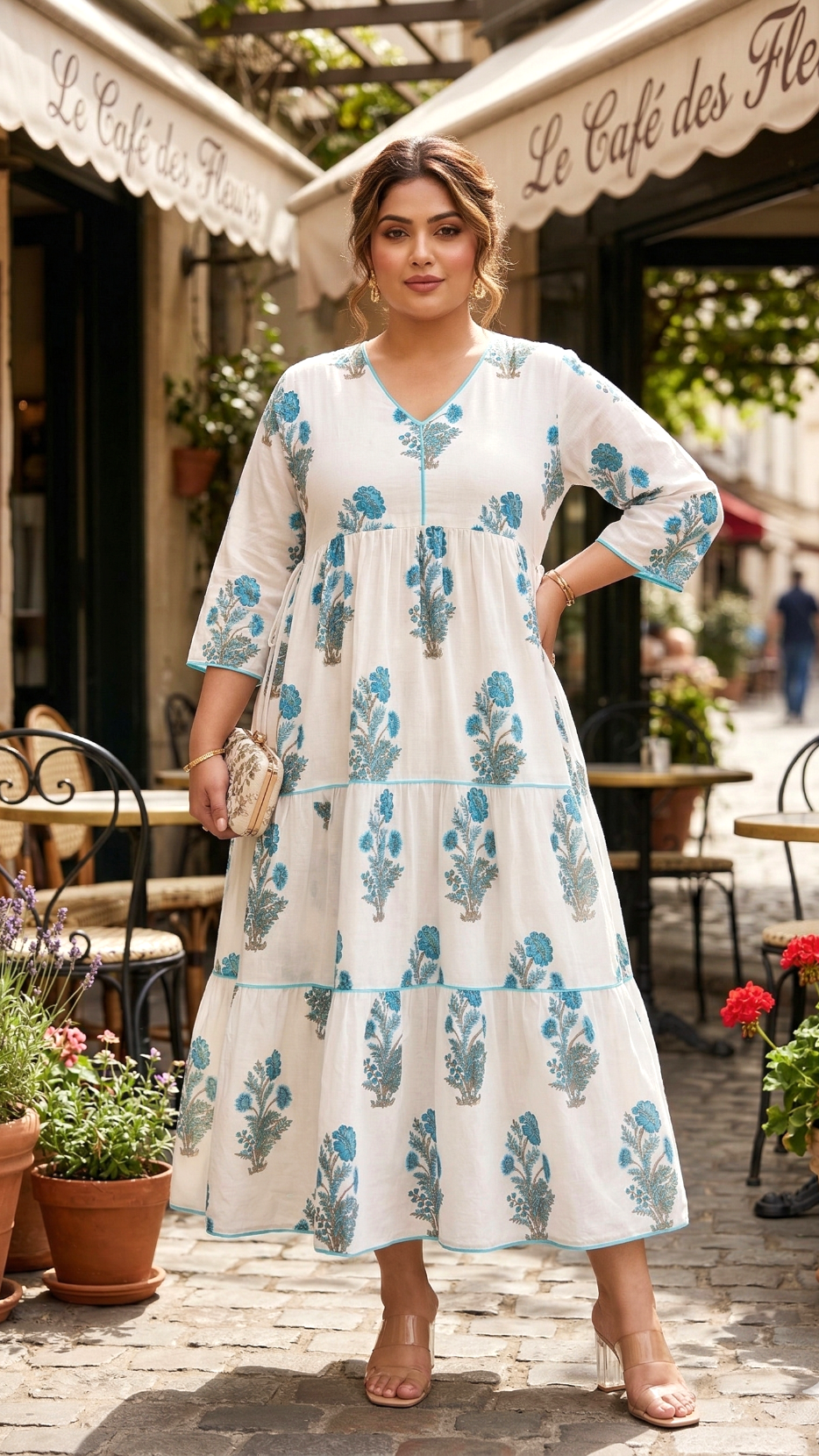 Plus Size Blue Floral Cotton Tiered Dress – Soft Summer Maxi