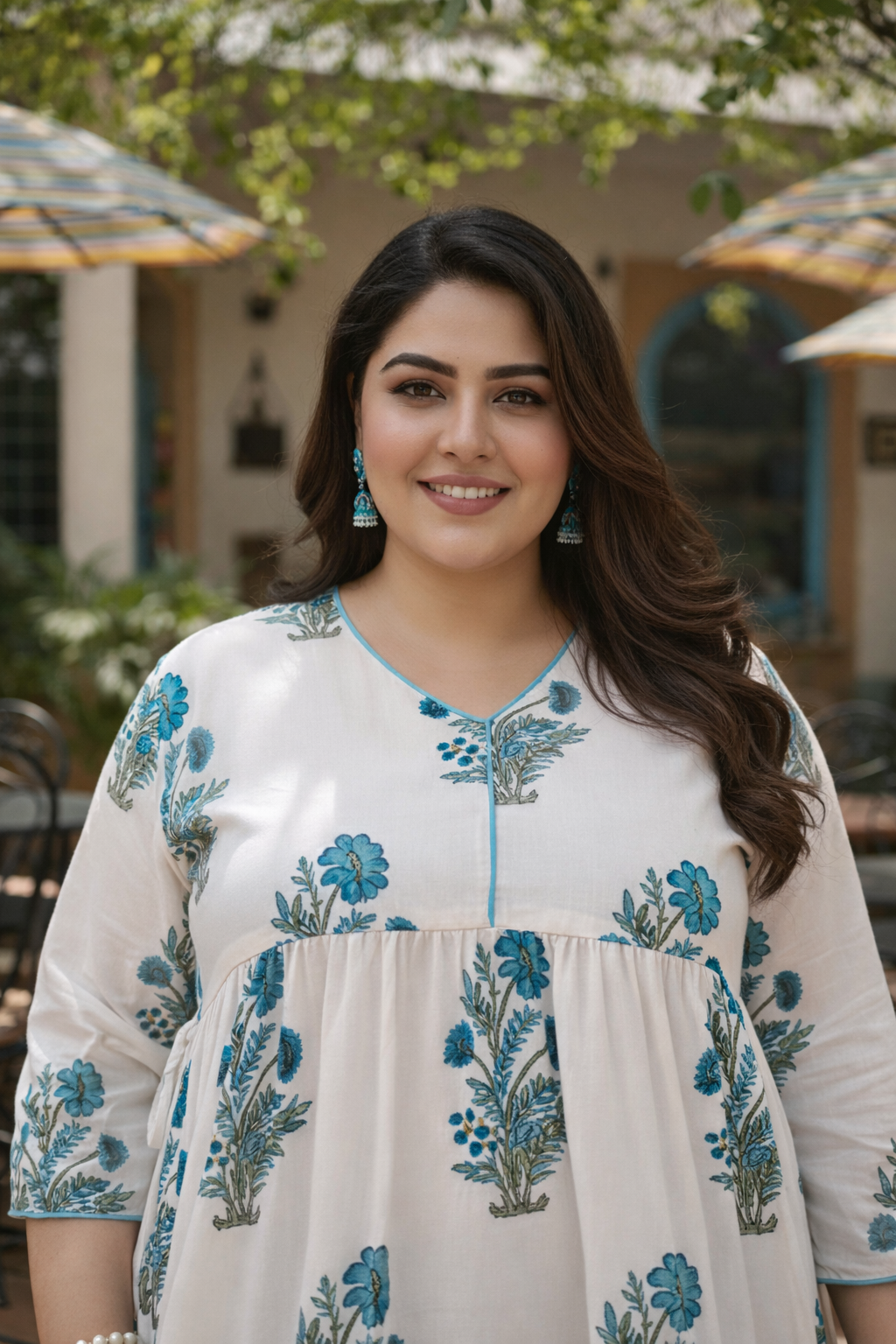 Blue Jaipur Print Cotton Tiered Dress with Drawstring