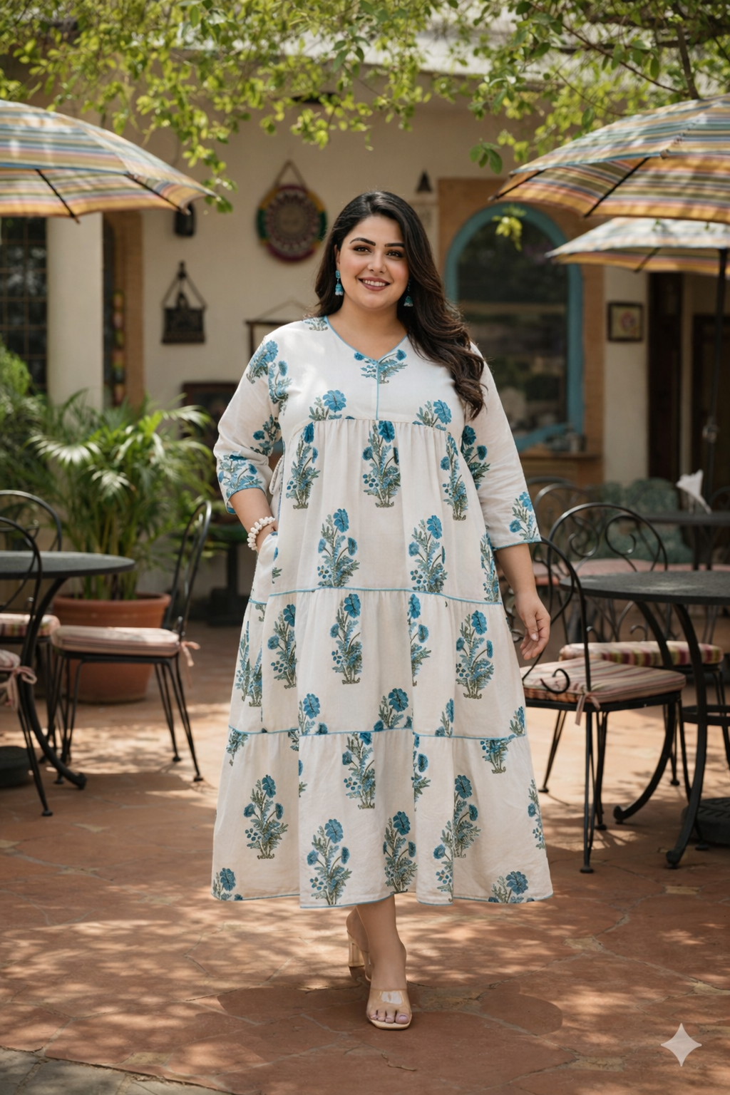 Blue Jaipur Print Cotton Tiered Dress with Drawstring