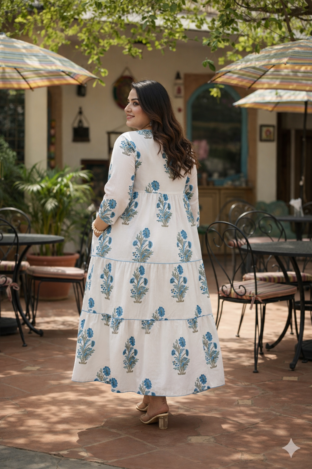 Blue Jaipur Print Cotton Tiered Dress with Drawstring
