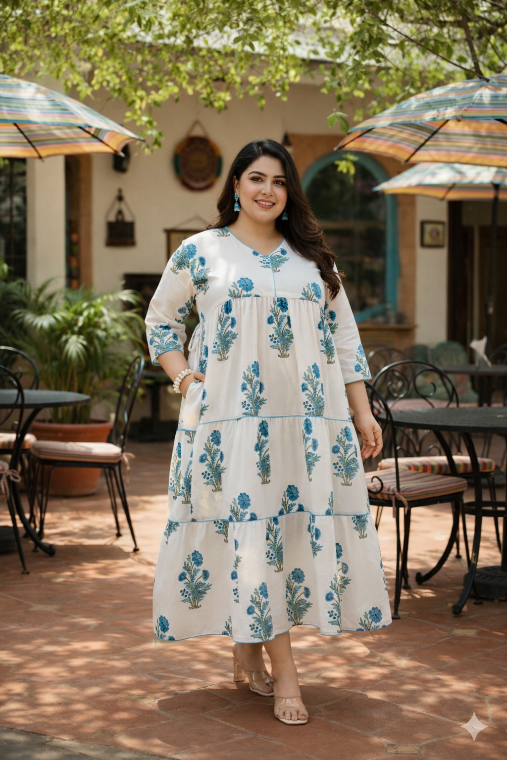 Blue Jaipur Print Cotton Tiered Dress with Drawstring