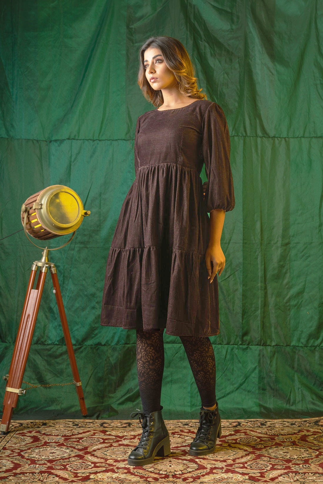 Brown Velvet Tiered Dress