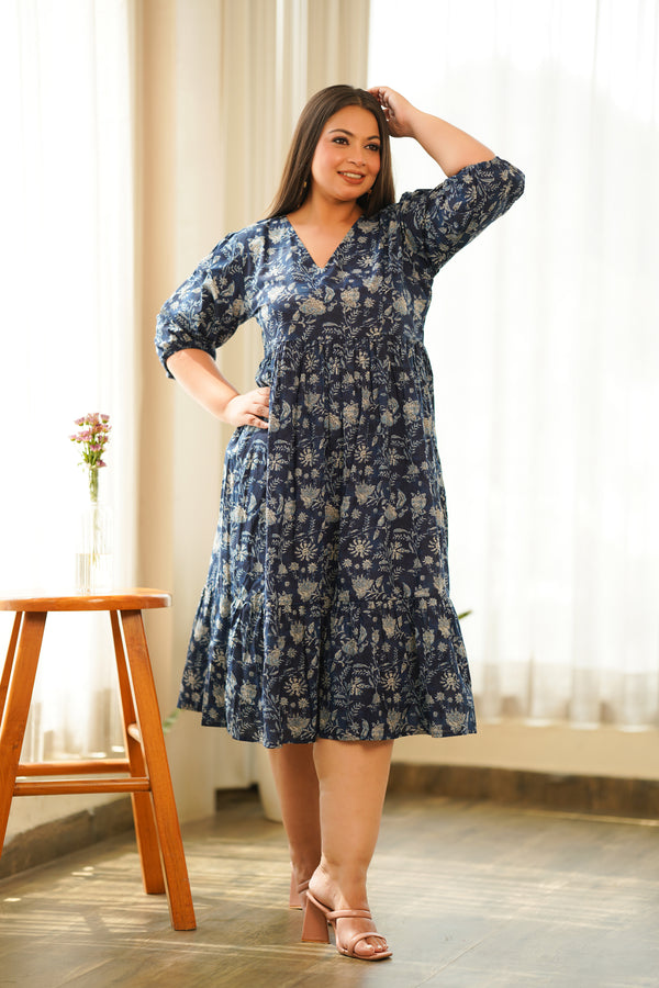 Navy Blue Floral Tiered Dress