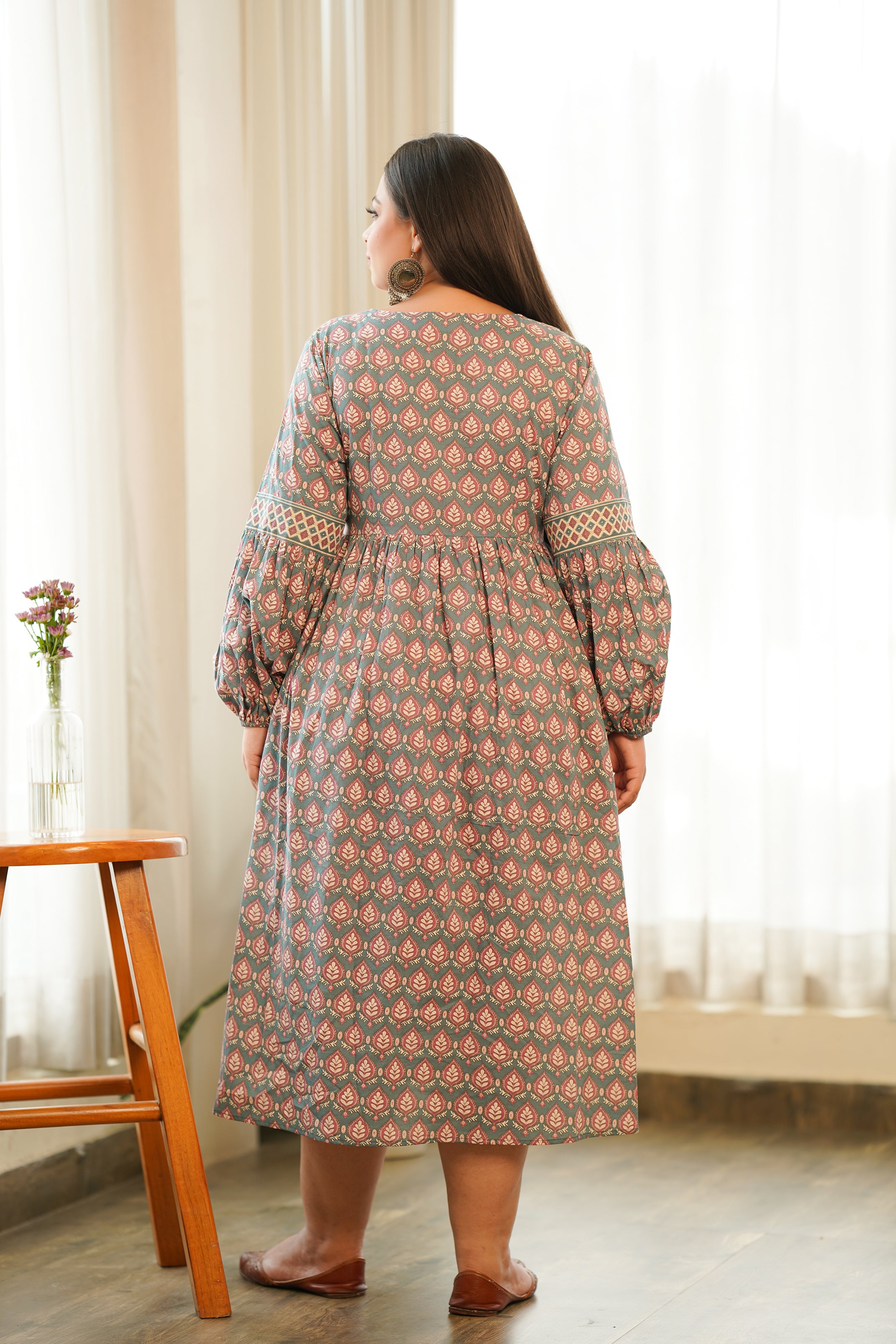 Boho Printed Cotton Gathered Maxi