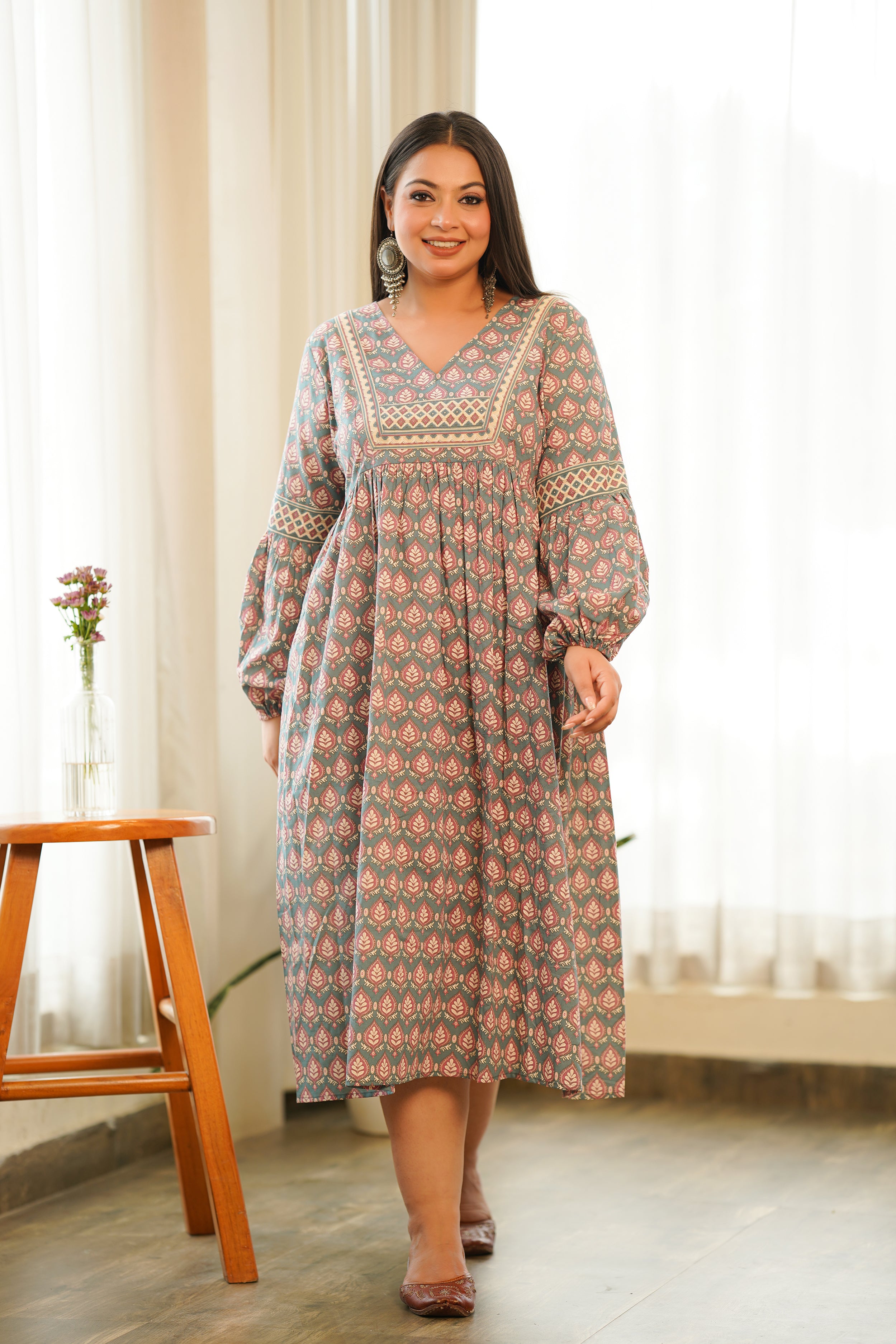 Boho Printed Cotton Gathered Maxi