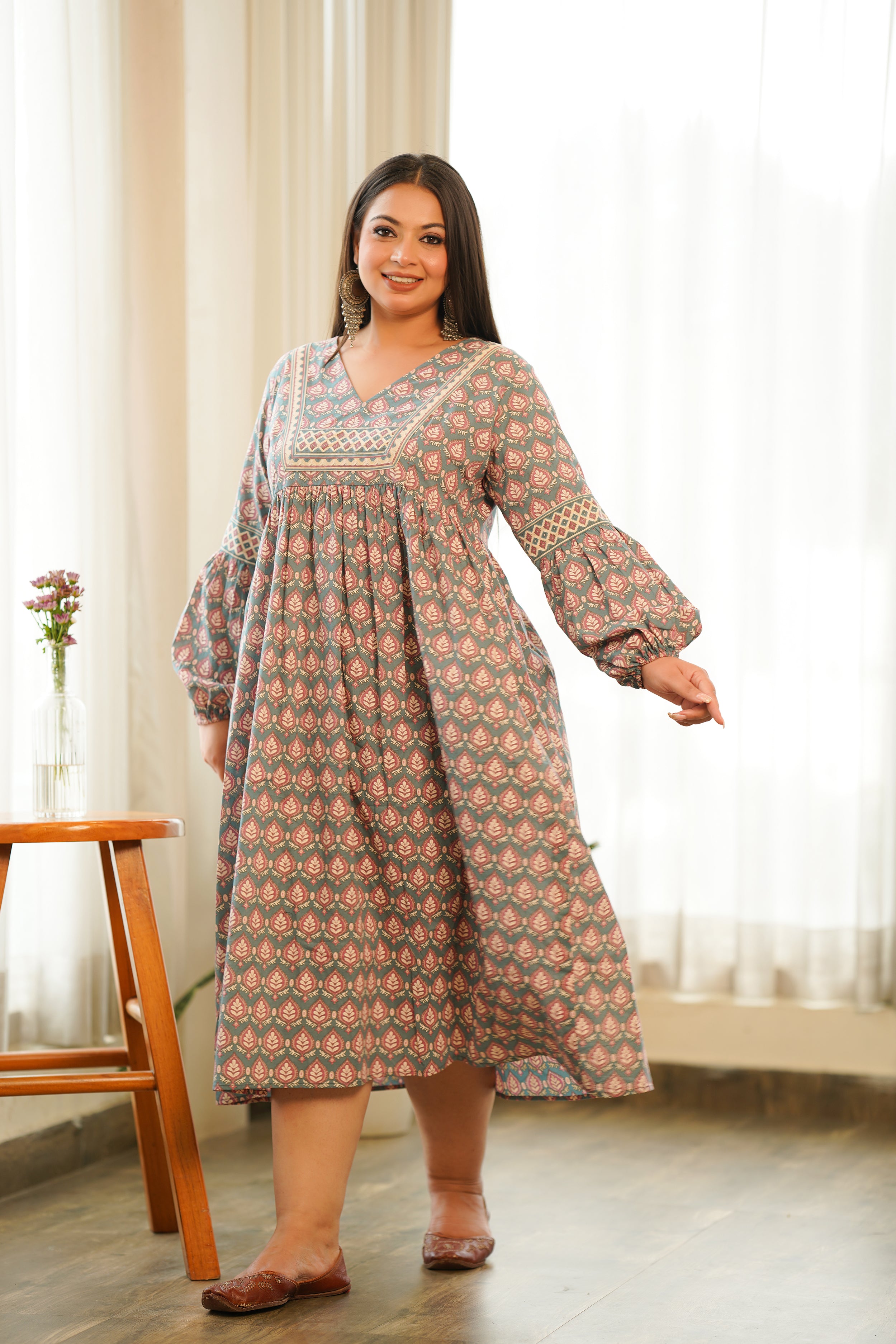 Boho Printed Cotton Gathered Maxi