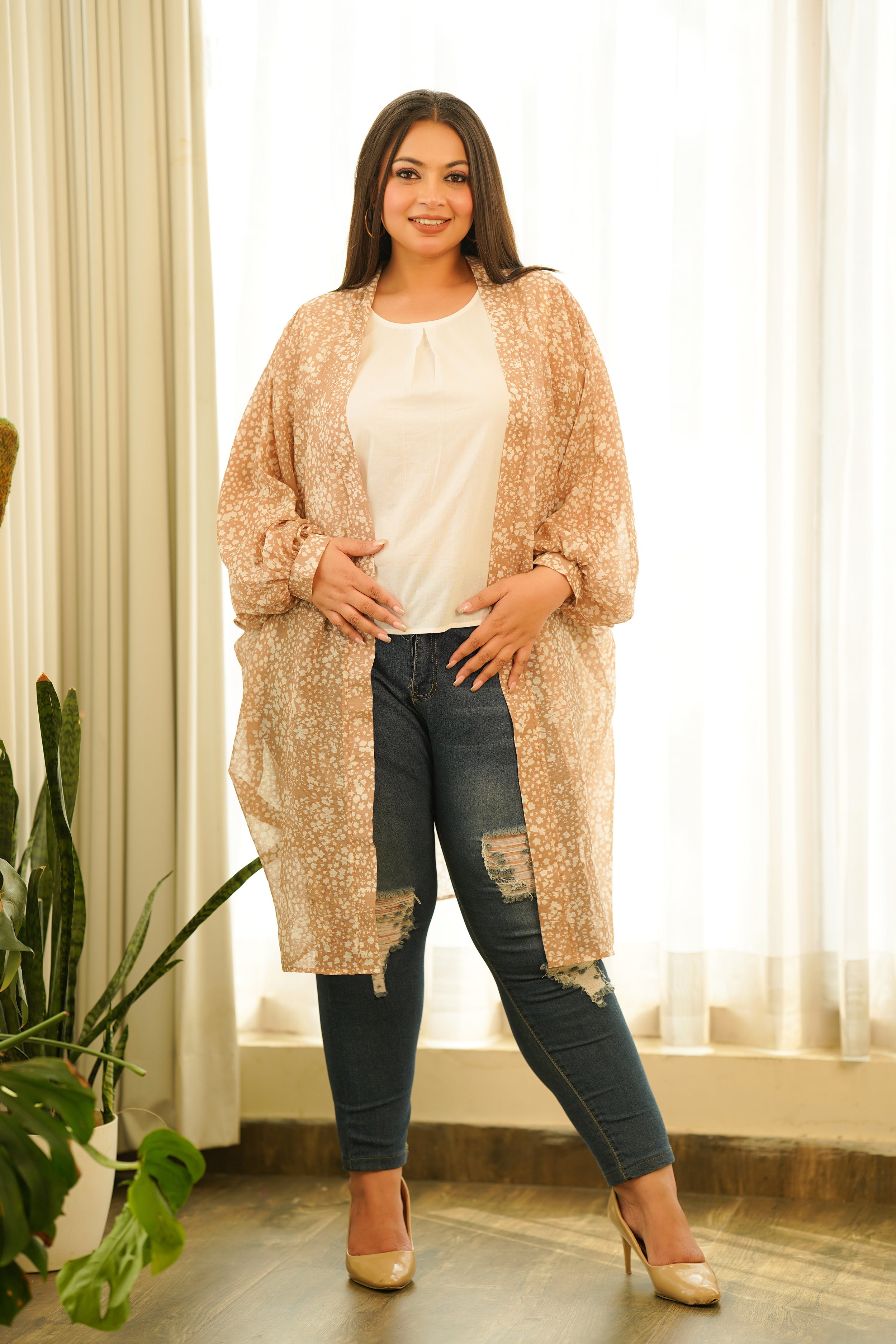 COFFEE SHADED BISHOP SLEEVES GEORGETTE SHRUG