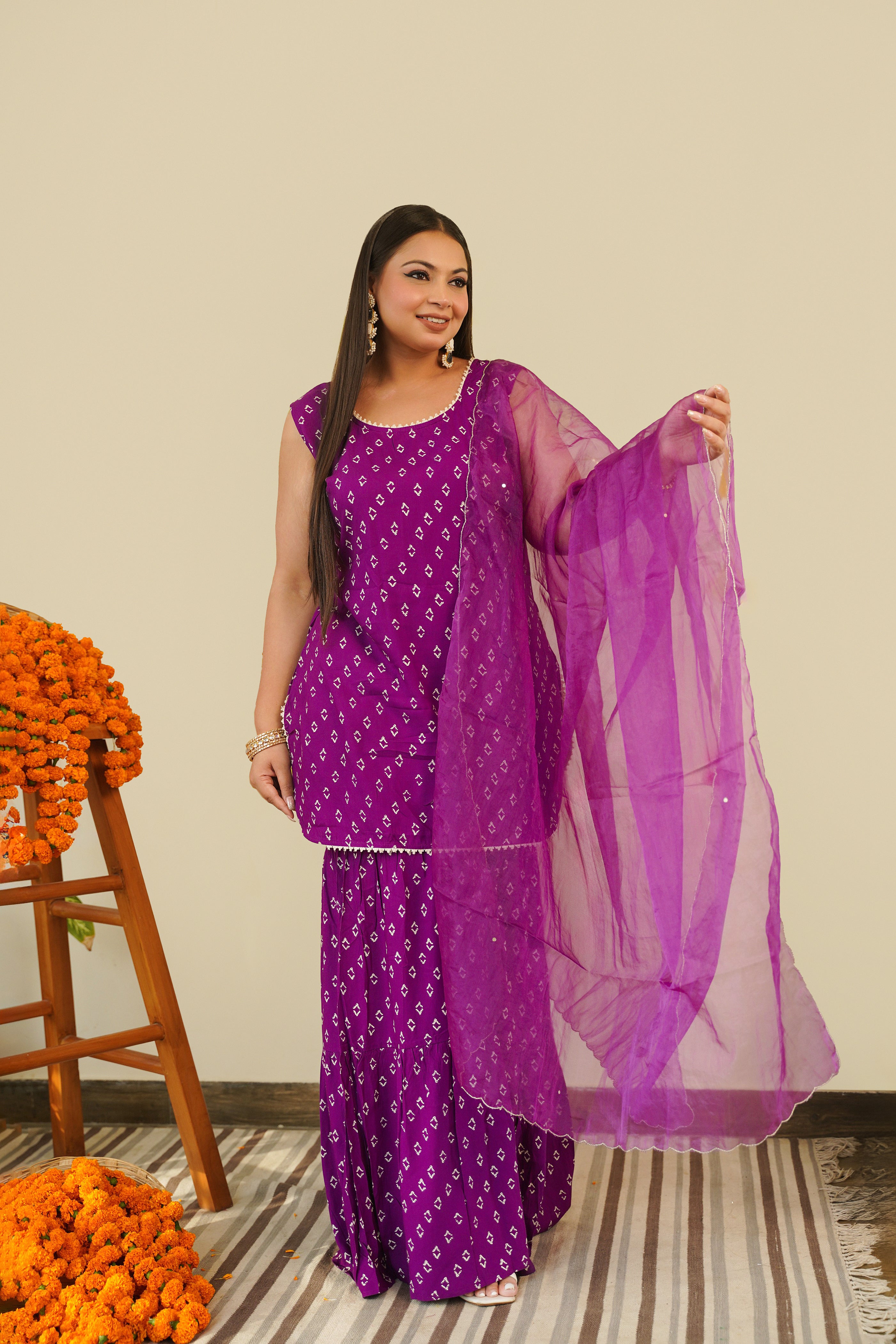 Purple Bandhani Sharara Set - (Set of 3)