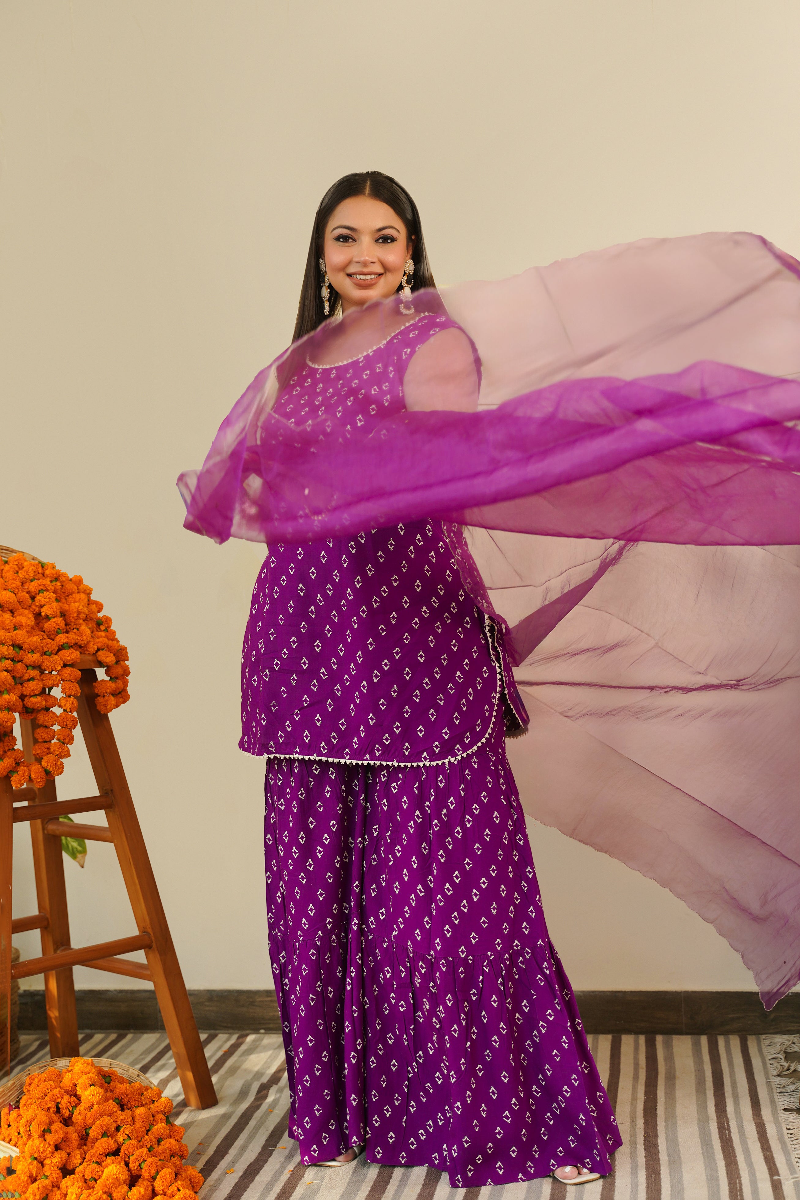 Purple Bandhani Sharara Set - (Set of 3)