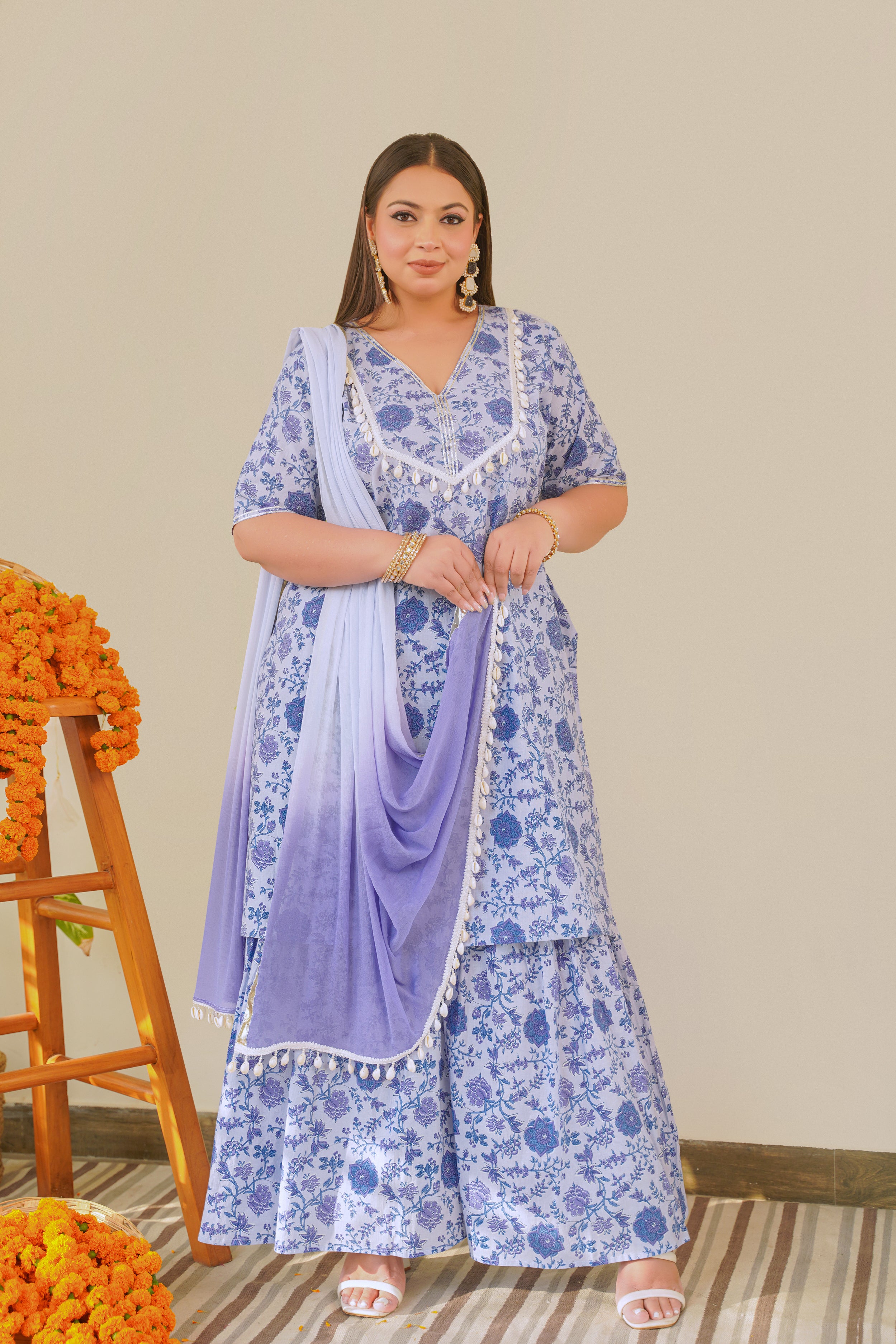 Ice Blue V-Neck Cotton Sharara Set - (Set of 3)