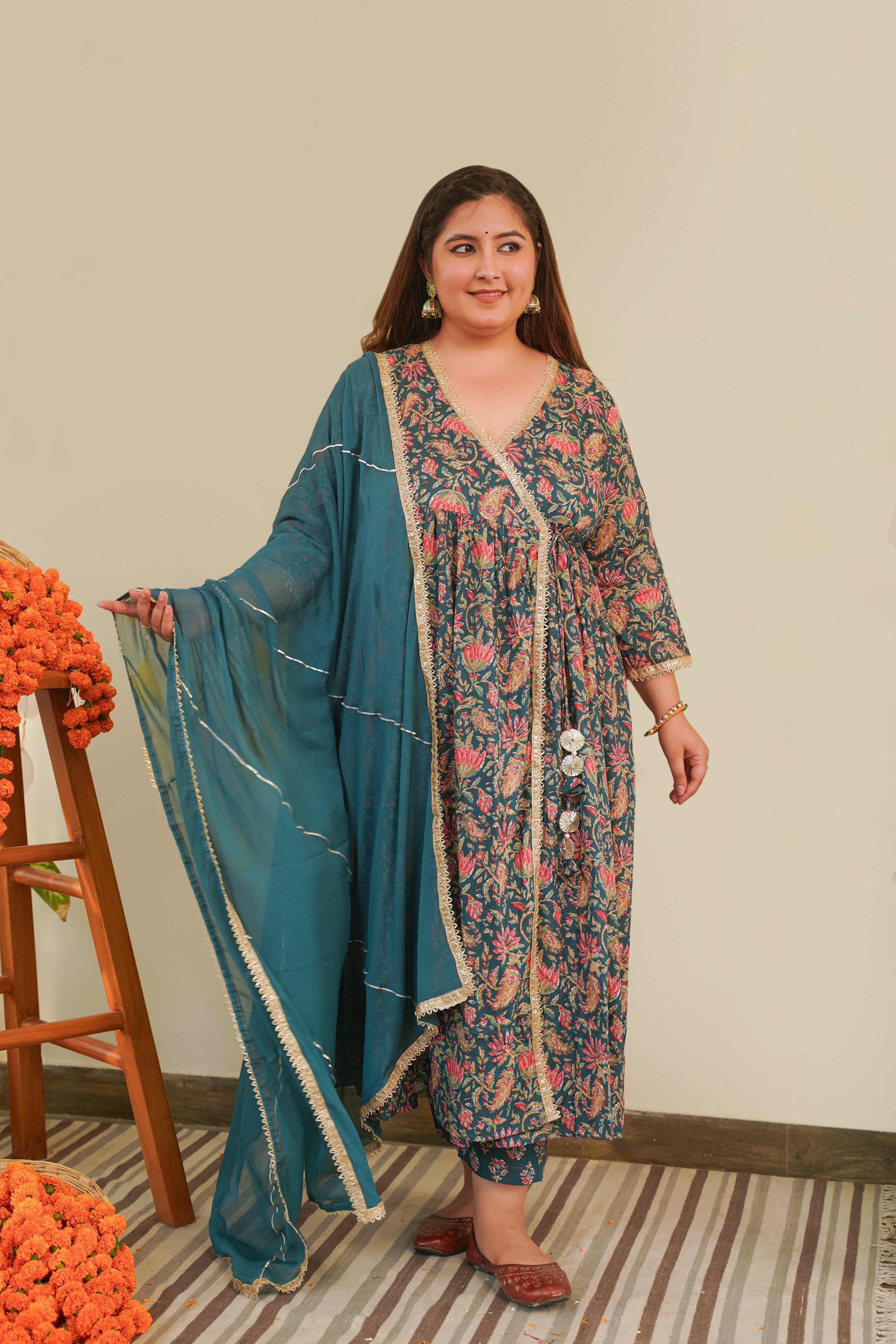 Bottle Green Cotton Printed Angrakha Set (Set of 3)