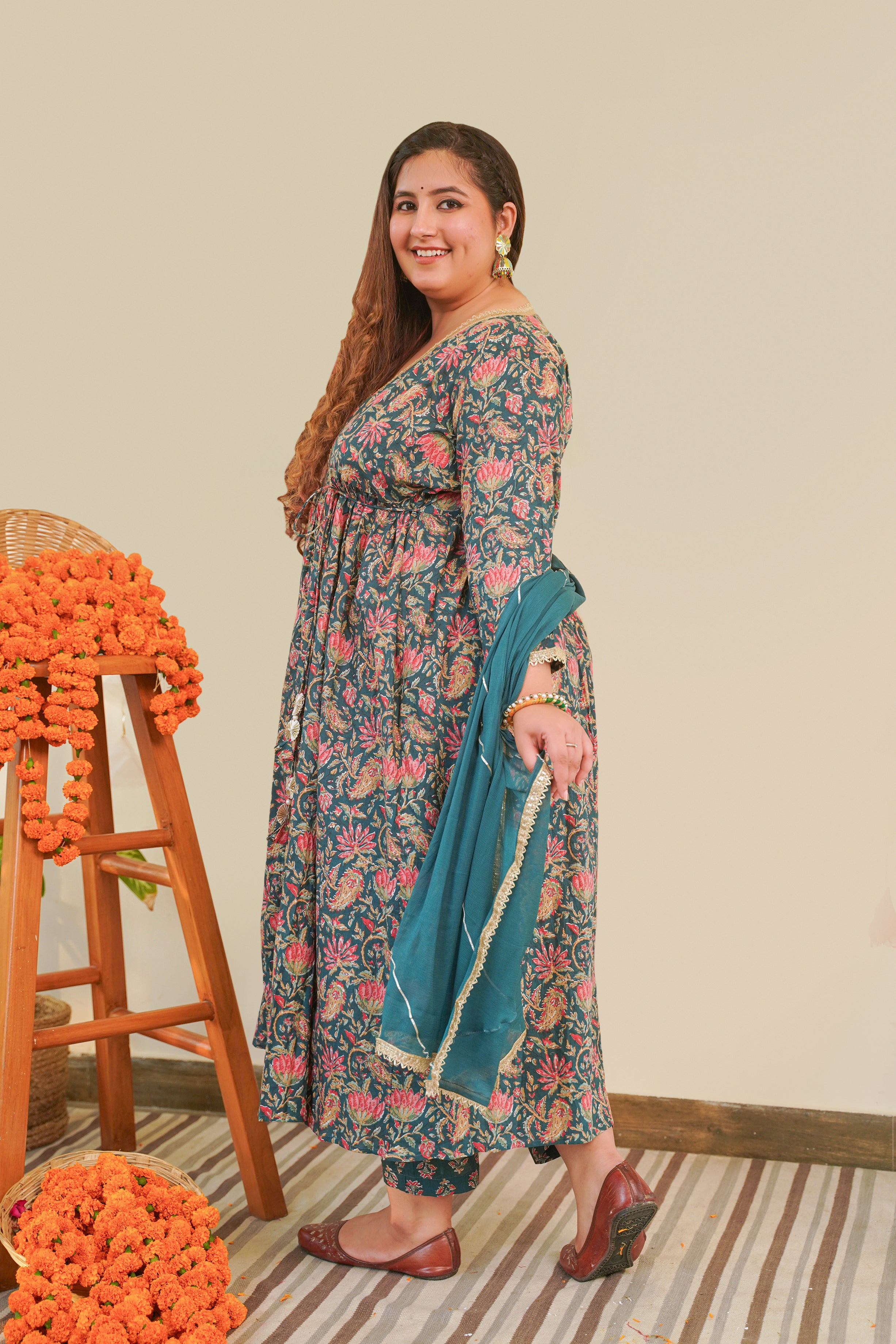 Bottle Green Cotton Printed Angrakha Set (Set of 3)