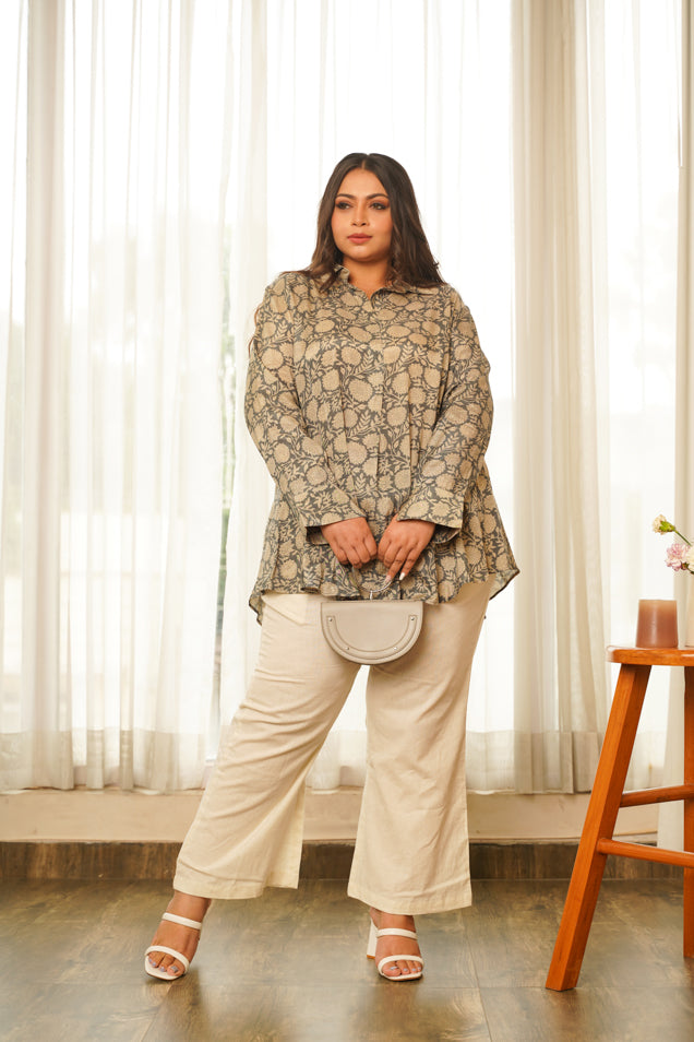 Grey Floral Printed Flared Muslin Top
