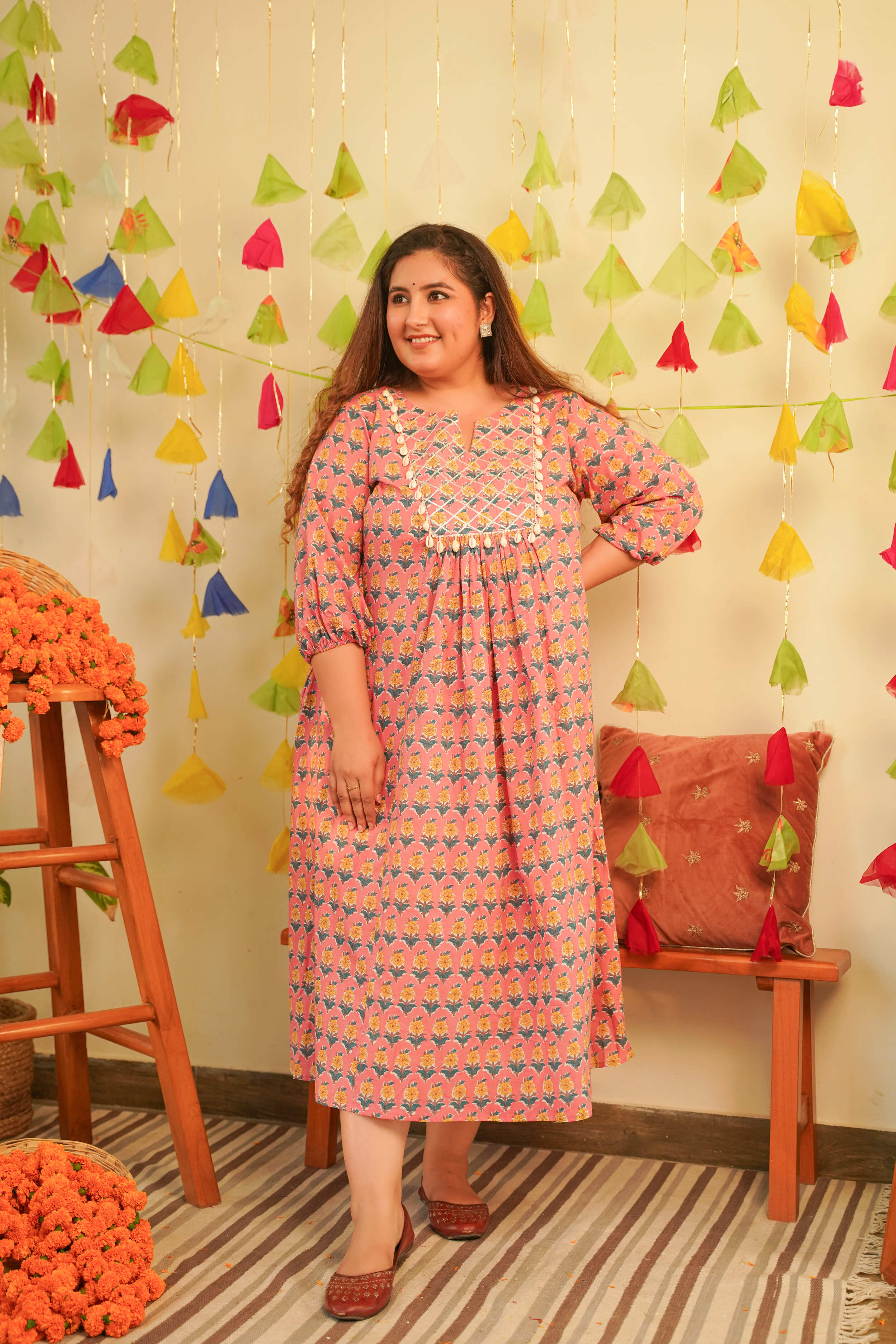 Peach Booti Printed Cotton Indo-Western Dress