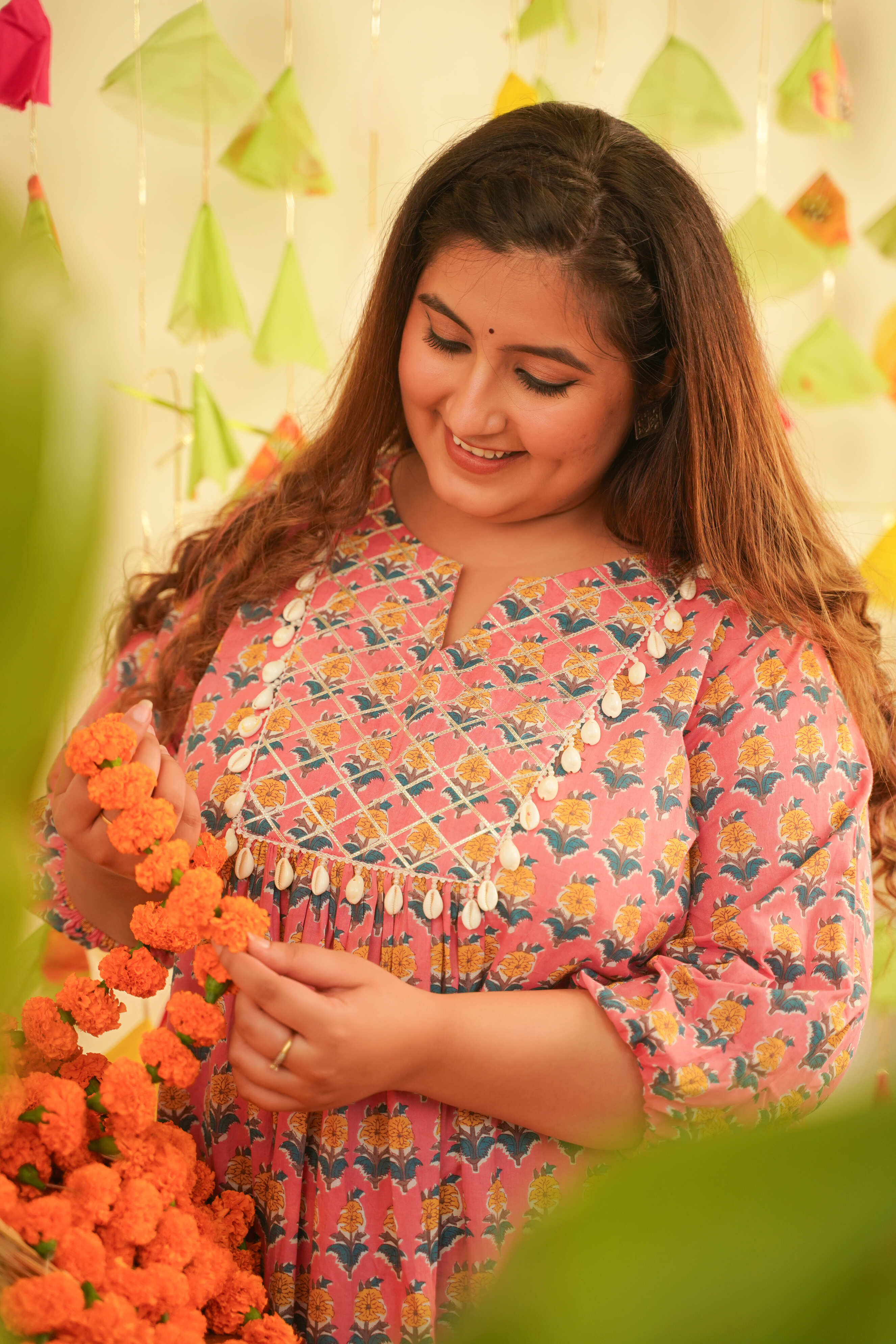 Peach Booti Printed Cotton Indo-Western Dress