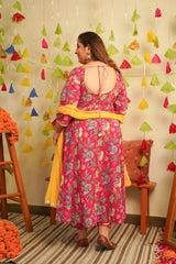 Pink Floral Cotton Anarkali Suit Set ( Set of 3 )